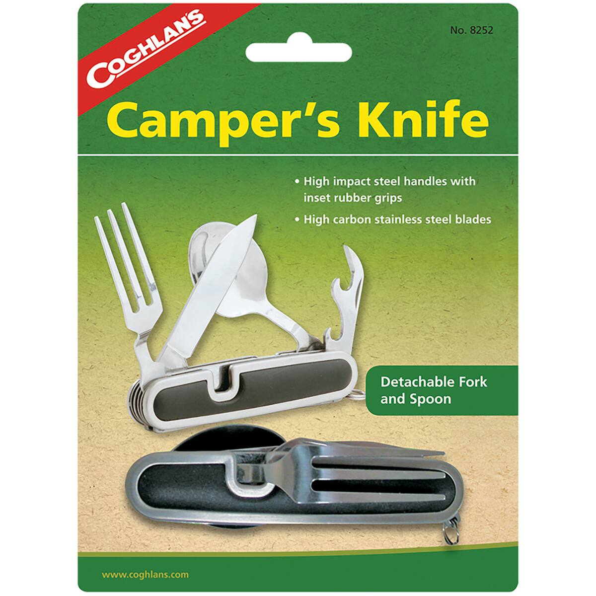 No. 8252 COGHLANS Camper's Knife  
High impact steel handles with inset rubber grips  
High carbon stainless steel blades  
Detachable Fork and Spoon  
www.coghlans.com