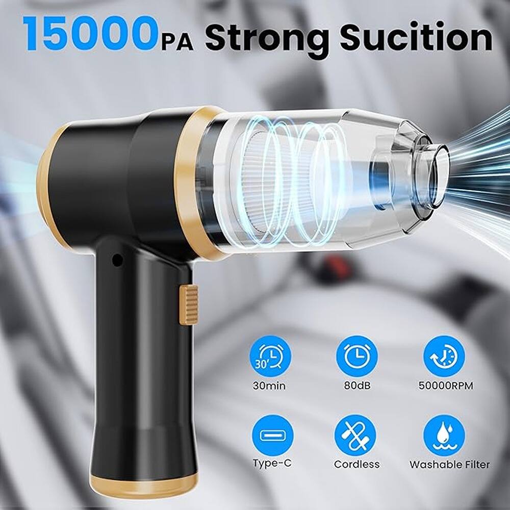 15000 PA Strong Suction

- 30' 30min
- 80dB
- 50000RPM
- Type-C
- Cordless
- Washable Filter