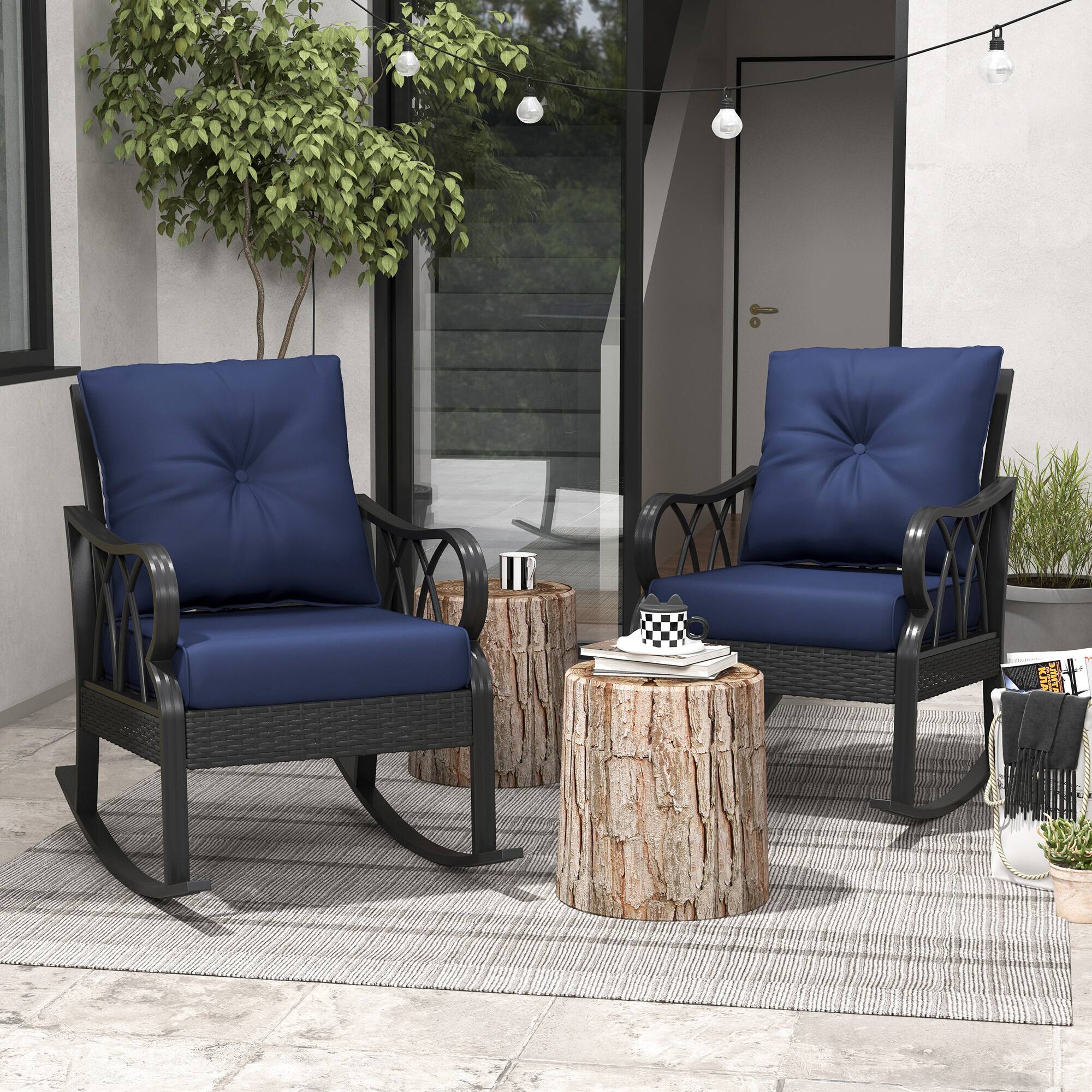 Alt View 1. Outsunny - 2 Piece Outdoor Wicker Rocking Chairs with Padded Cushions, Aluminum Furniture Rattan Porch Rocker Chairs w/ Armrest - Blue.