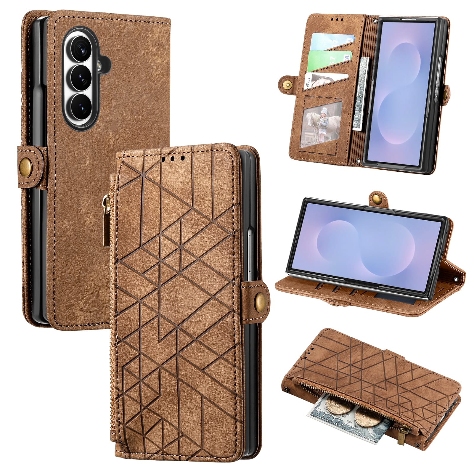 Dteck - Zipper Wallet Card Pocket Cover For Samsung Galaxy Z Fold 8 Ultra, Shockproof PU Leather Rugged Case - Brown price history on PriceWatchPro