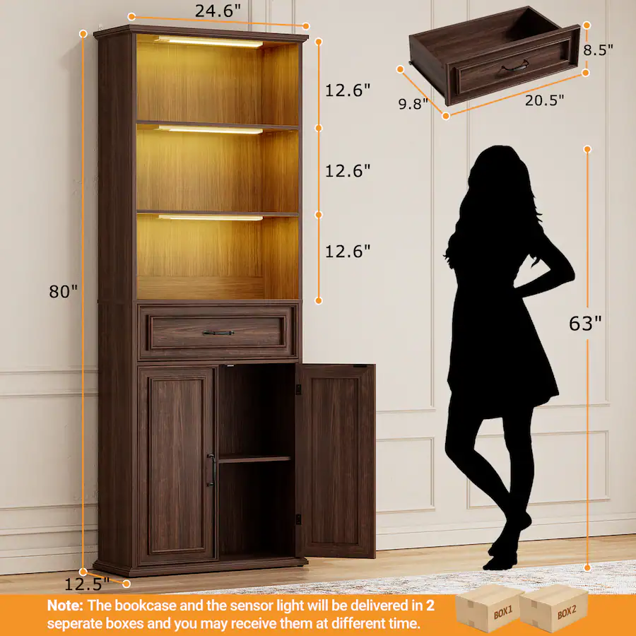 Aheaplus 80'' Tall Farmhouse Bookcase with 3 Motion Sensor Lights ...
