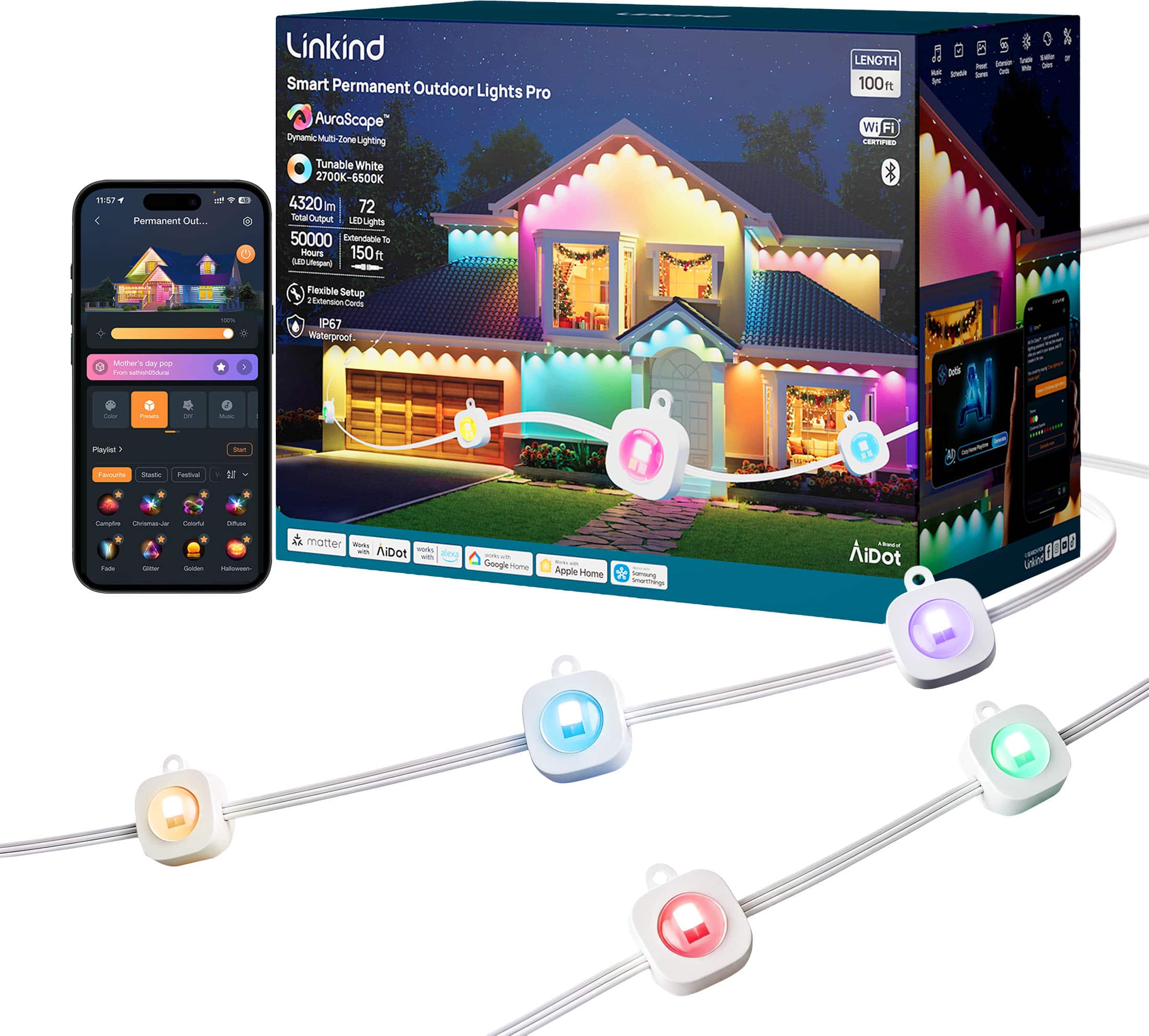 Linkind - 100ft Smart Permanent Outdoor Lights Pro - White
