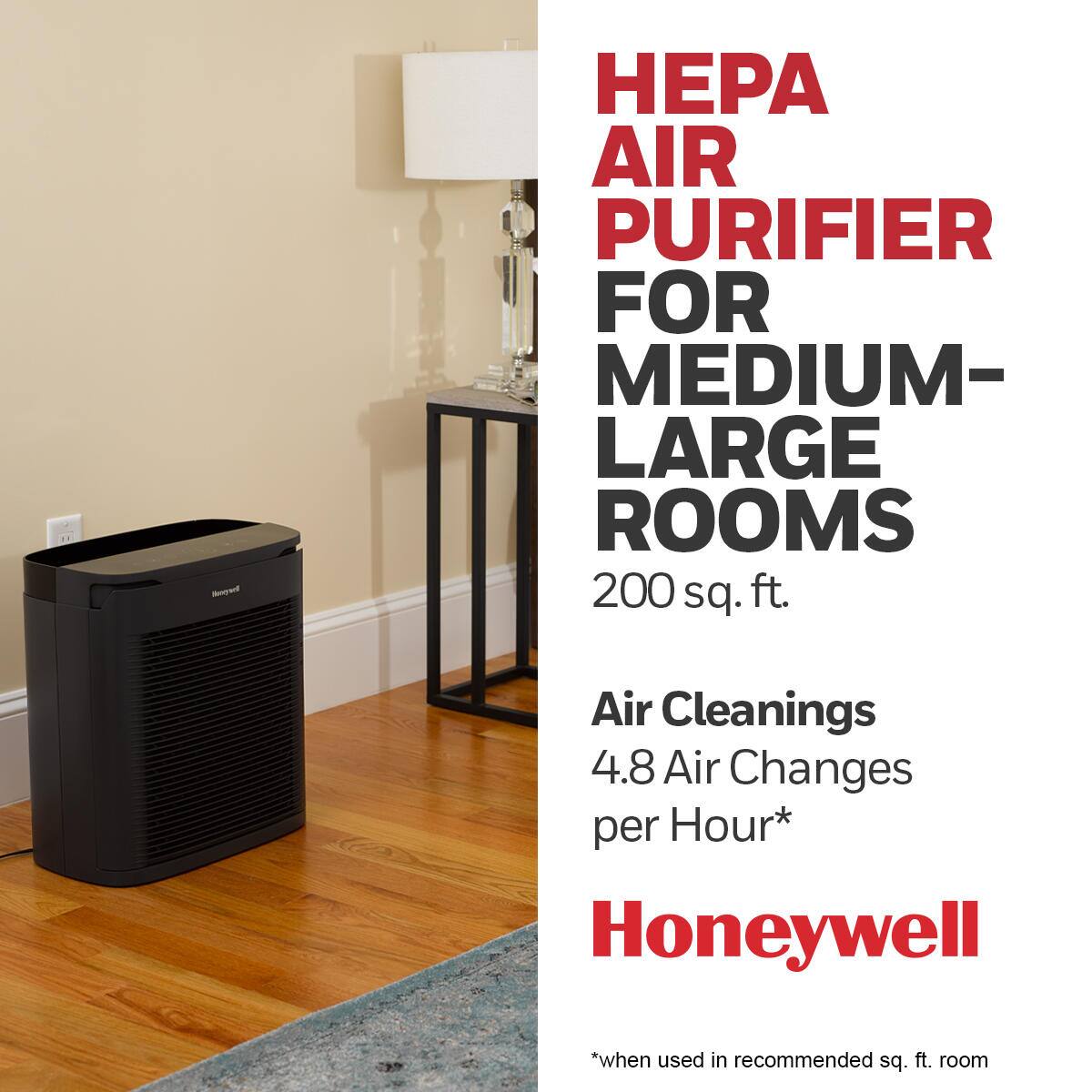 Honeywell Air Purifier for Medium-Large Rooms: 200 sq. ft. Air Cleanings, 4.8 Air Changes per Hour.