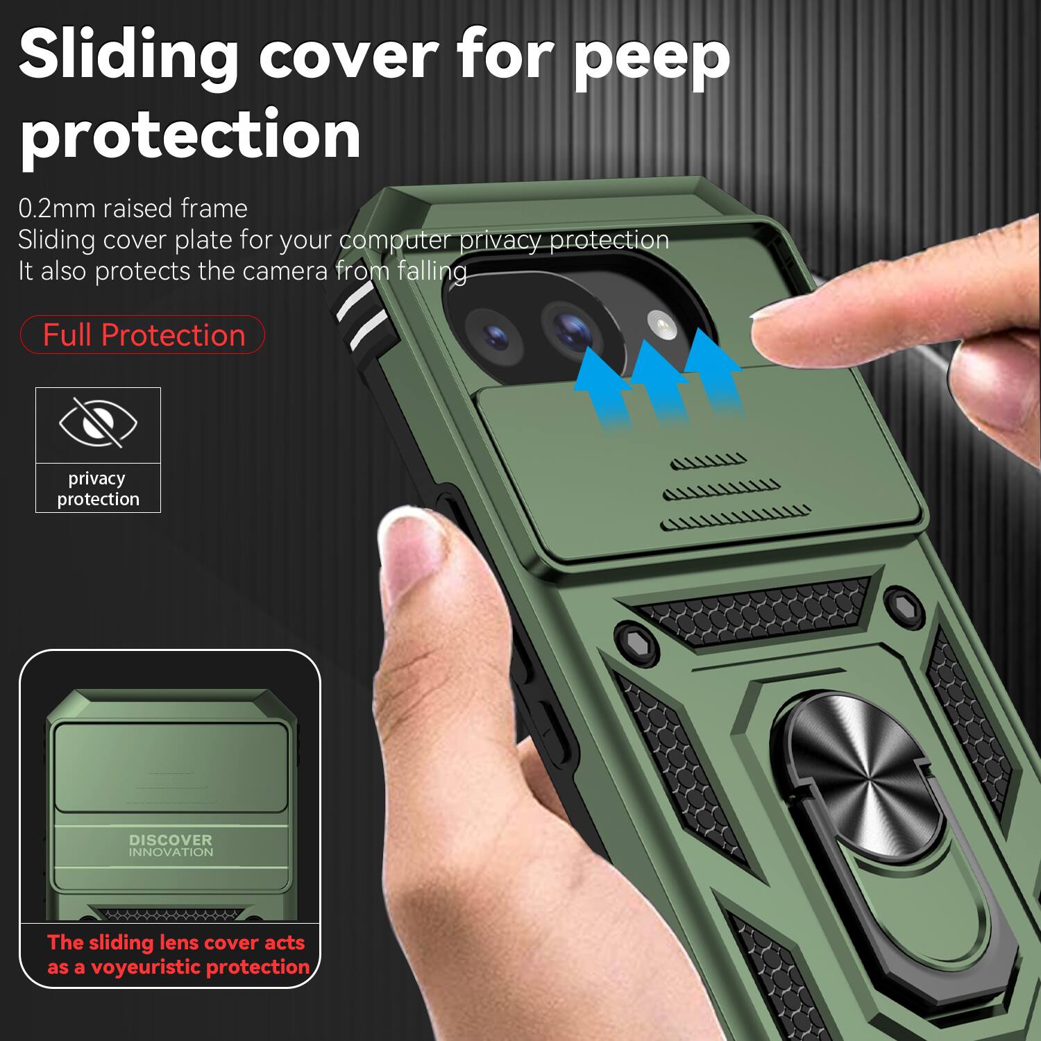 Sliding cover for peep protection  
0.2mm raised frame  
Sliding cover plate for your computer privacy protection  
It also protects the camera from falling  

Full Protection  
privacy protection  
DISCOVER INNOVATION  
The sliding lens cover acts as a voyeuristic protection