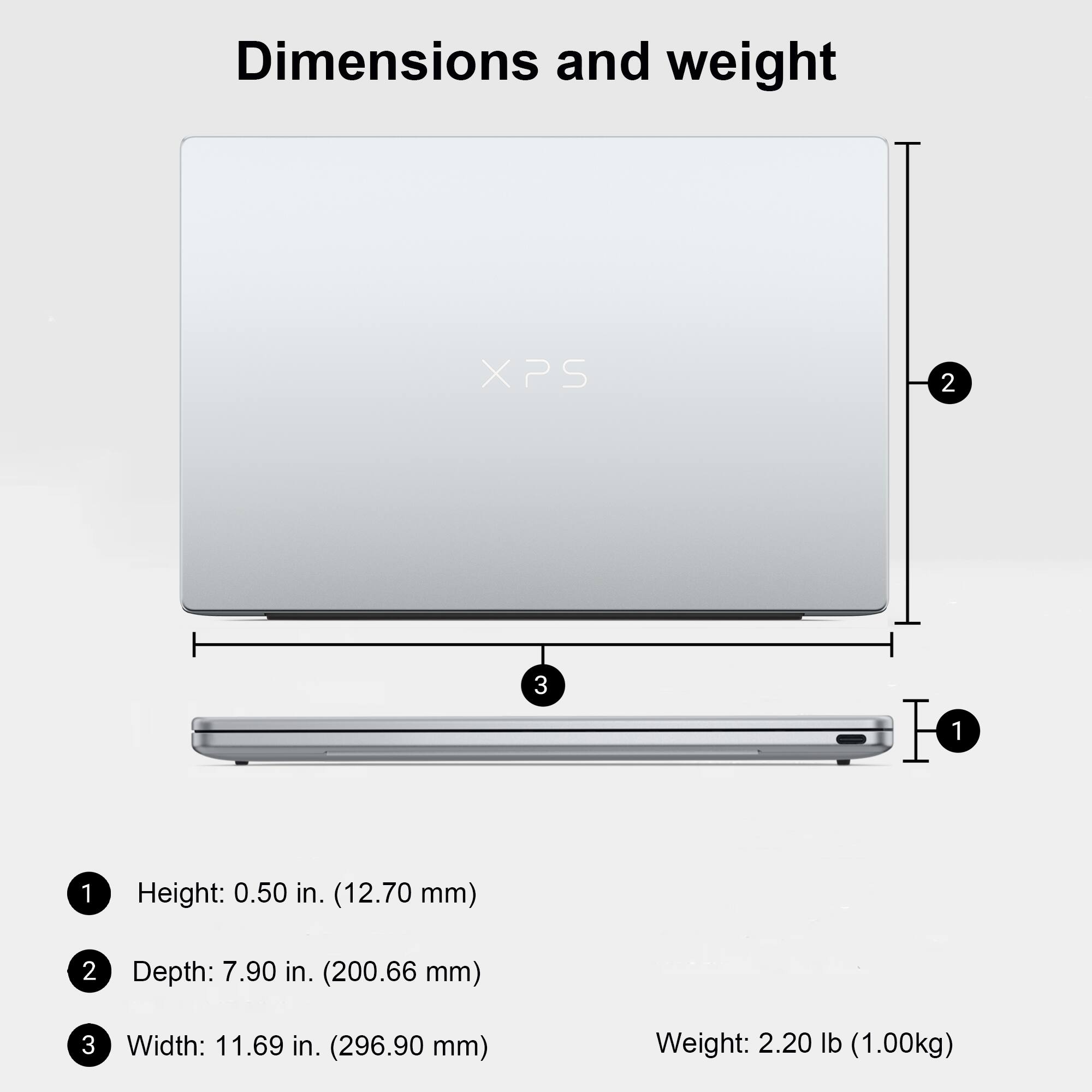 Dimensions and weight

1. Height: 0.50 in. (12.70 mm)
2. Depth: 7.90 in. (200.66 mm)
3. Width: 11.69 in. (296.90 mm)
Weight: 2.20 lb (1.00kg)