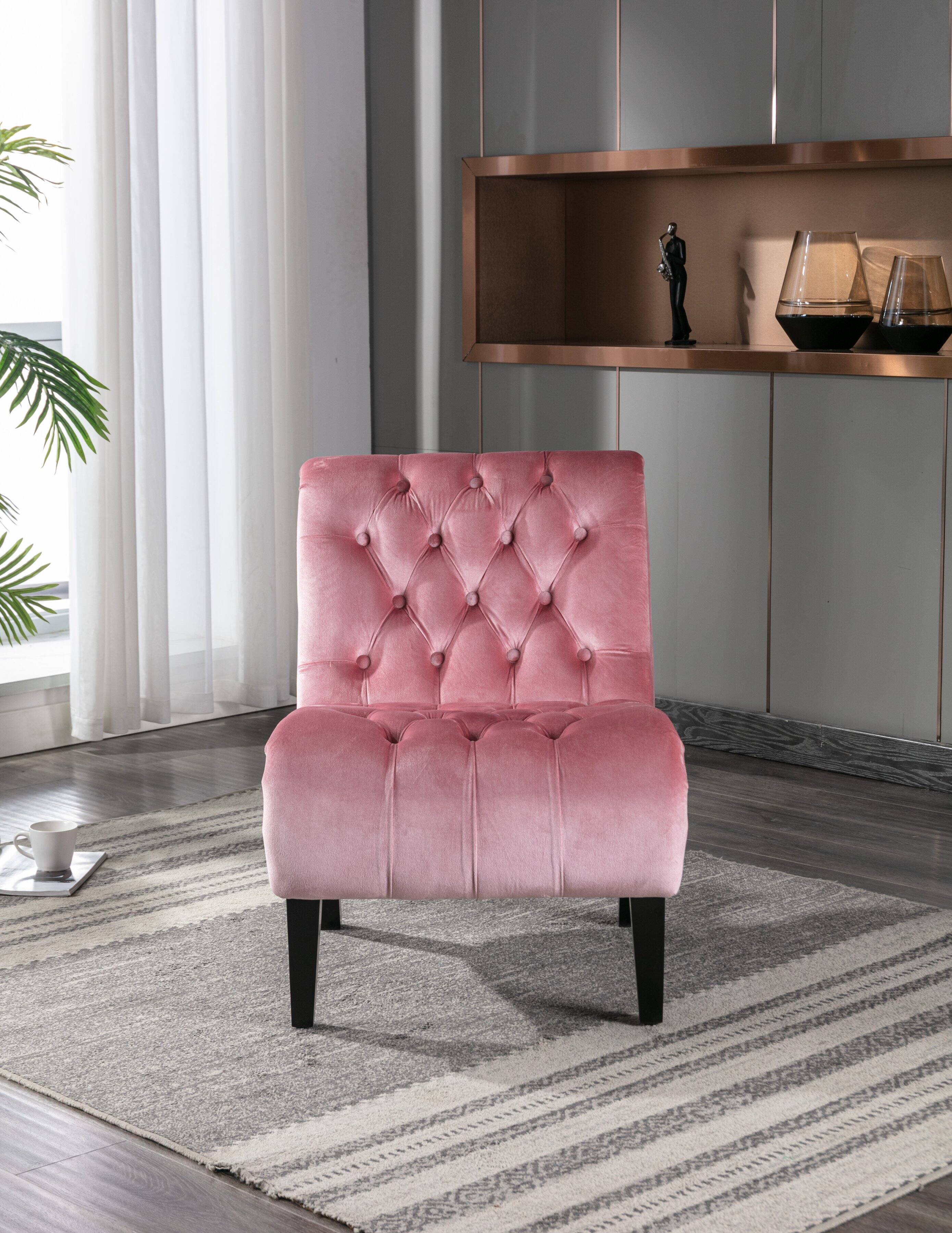 Angle. Trinkets Crazed - Velvet Accent Lounge Chair for Living Room, Modern Leisure Chair with Tufted Backrest, Indoor Armless Side Chair - Pink.