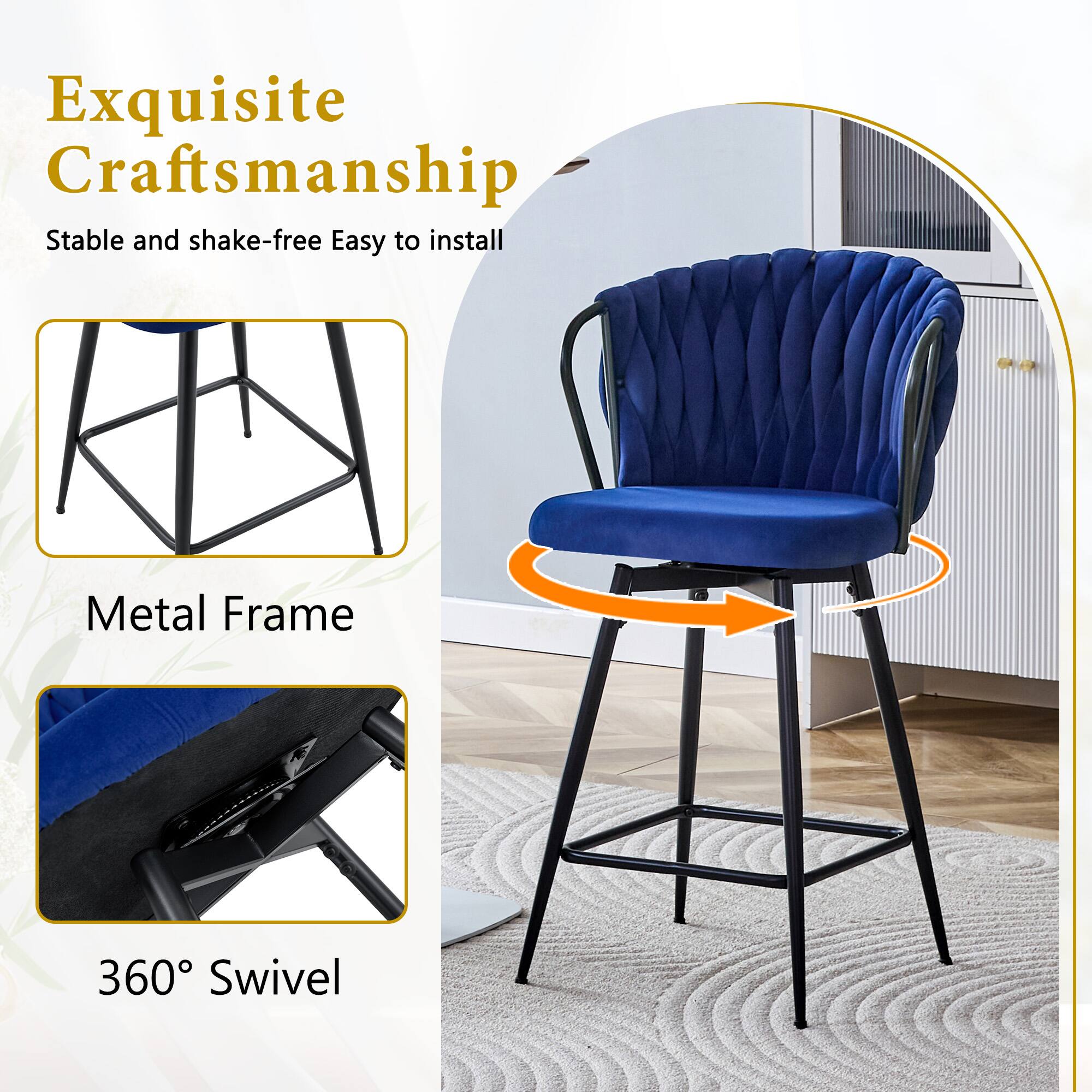Exquisite Craftsmanship  
Stable and shake-free  
Easy to install  
Metal Frame  
360° Swivel