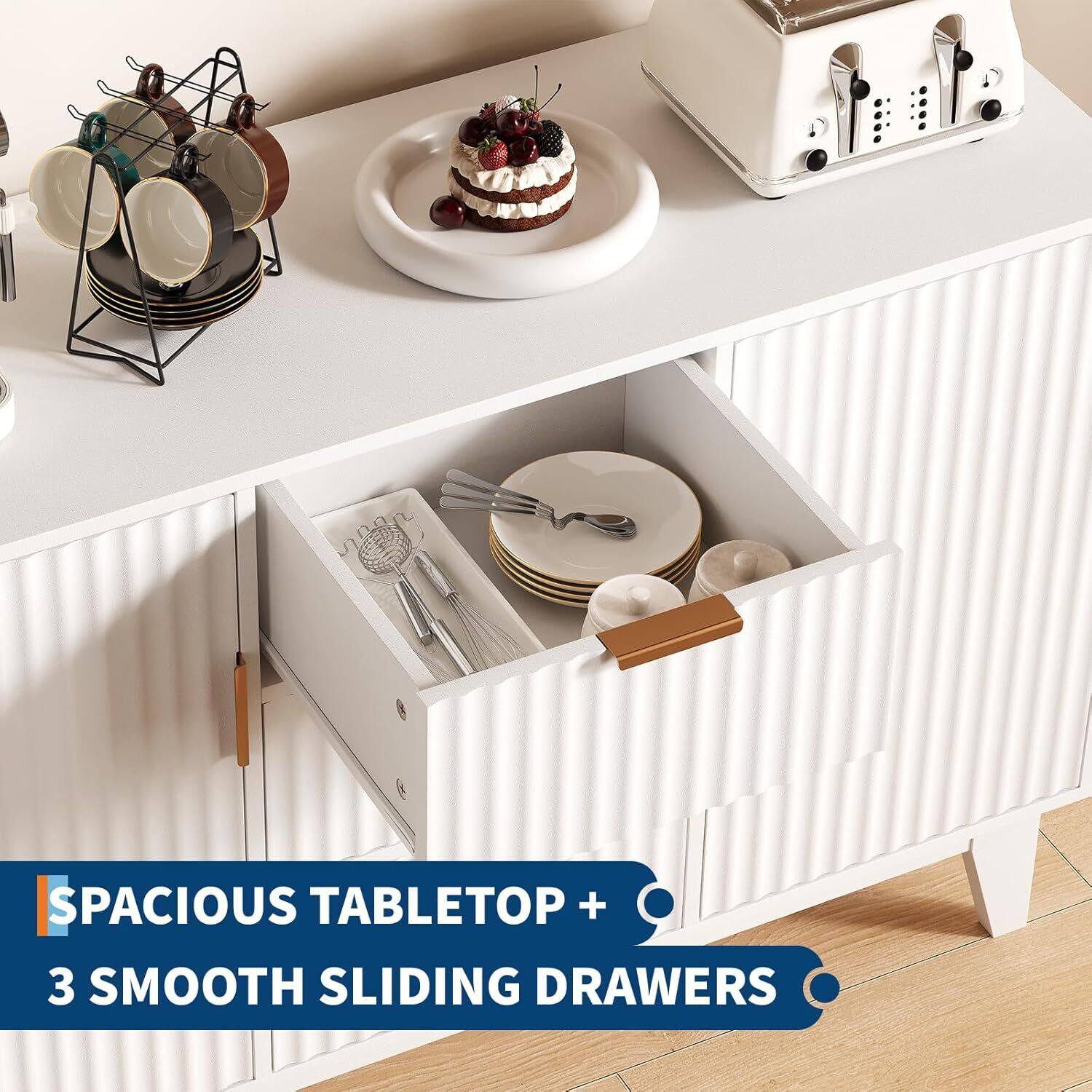 SPACIOUS TABLETOP + 3 SMOOTH SLIDING DRAWERS