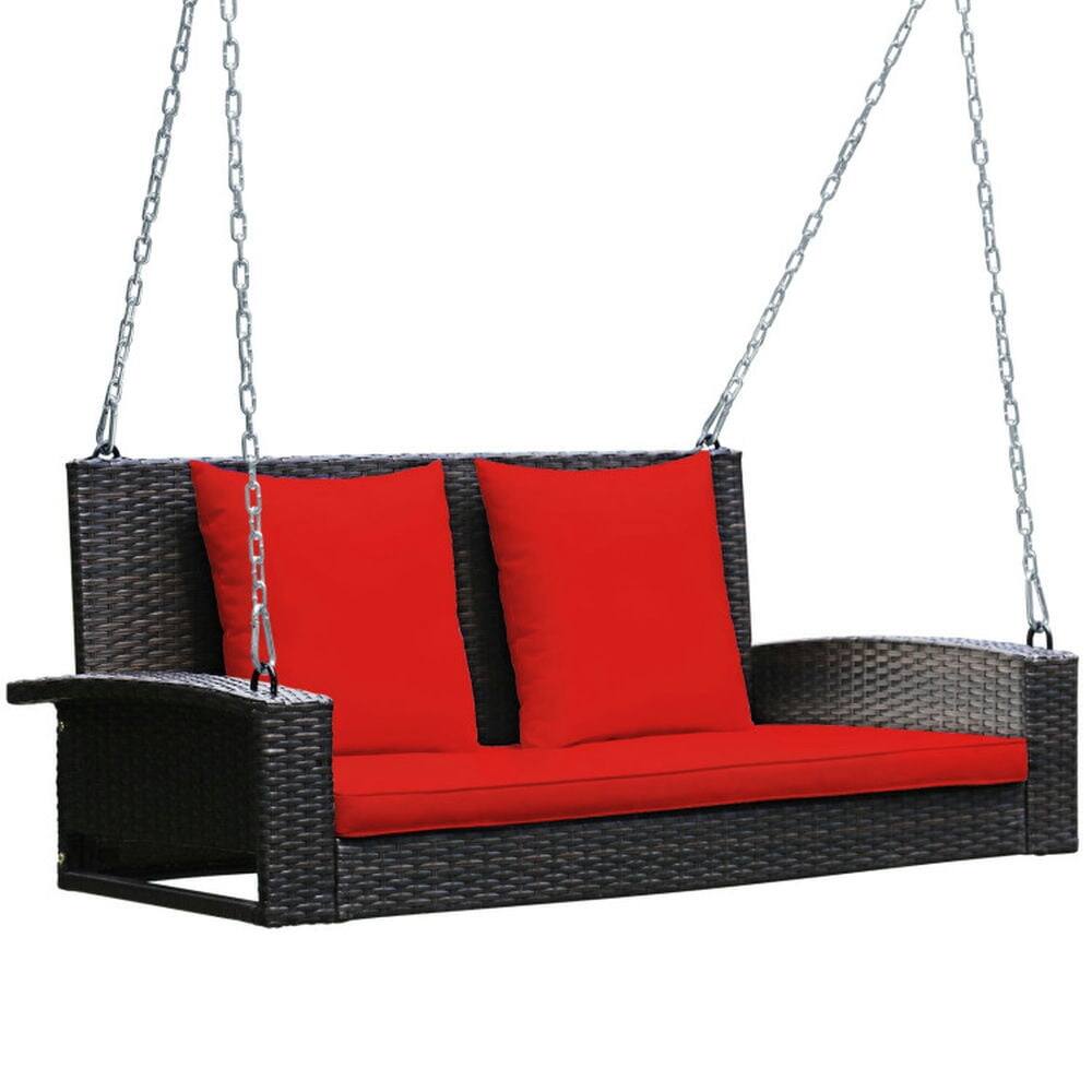 Angle. Pefilos - 2-Prson Patio Rattan Porch Swing with Cushions, Wickr Porch Swing with 2 Back Cushions and 1 Sat Cushion, Hanging Swing - Red.
