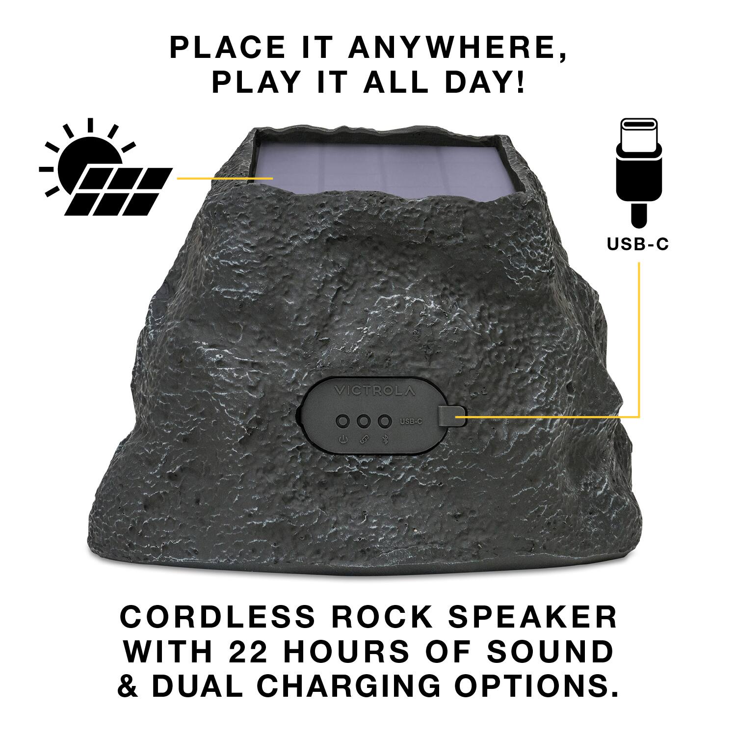 PLACE IT ANYWHERE, PLAY IT ALL DAY!

CORDLESS ROCK SPEAKER WITH 22 HOURS OF SOUND & DUAL CHARGING OPTIONS.

USB-C