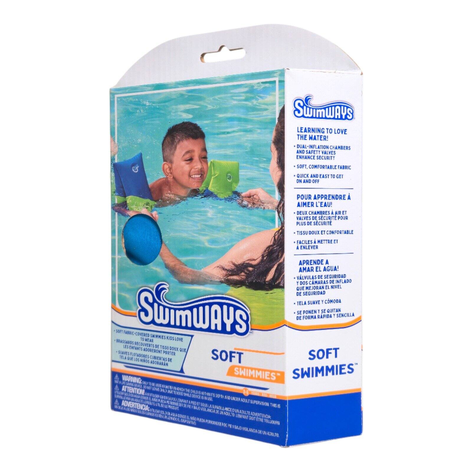 SwimWays Learning to Love the Water! Dual-Inflation Dual Chambers and Safety Valves Enhance Security Soft, Comfortable Fabric Quick and Easy to Get On and Off

Pour Apprendre à Aimer l'Eau! Deux Chambres à Air et Valves de Sécurité Pour Plus de Sécurité Tissu Doux et Confortable Faciles à Mettre et à Enlever

Aprende a Amar el Agua! Valvulas de Seguridad Dos Cámaras de Inflado que Mejoran el Nivel de Seguridad Tela Suave y Cómoda Se Ponen y Se Quitarán de Forma Rápida y Sencilla

Soft Fabric-Covered SwimWays Kids Love! Garantizados Recubiertos de Tela que los Niños Adoran! Tela que los Niños Adoran!

SwimWays Soft Swimmy's