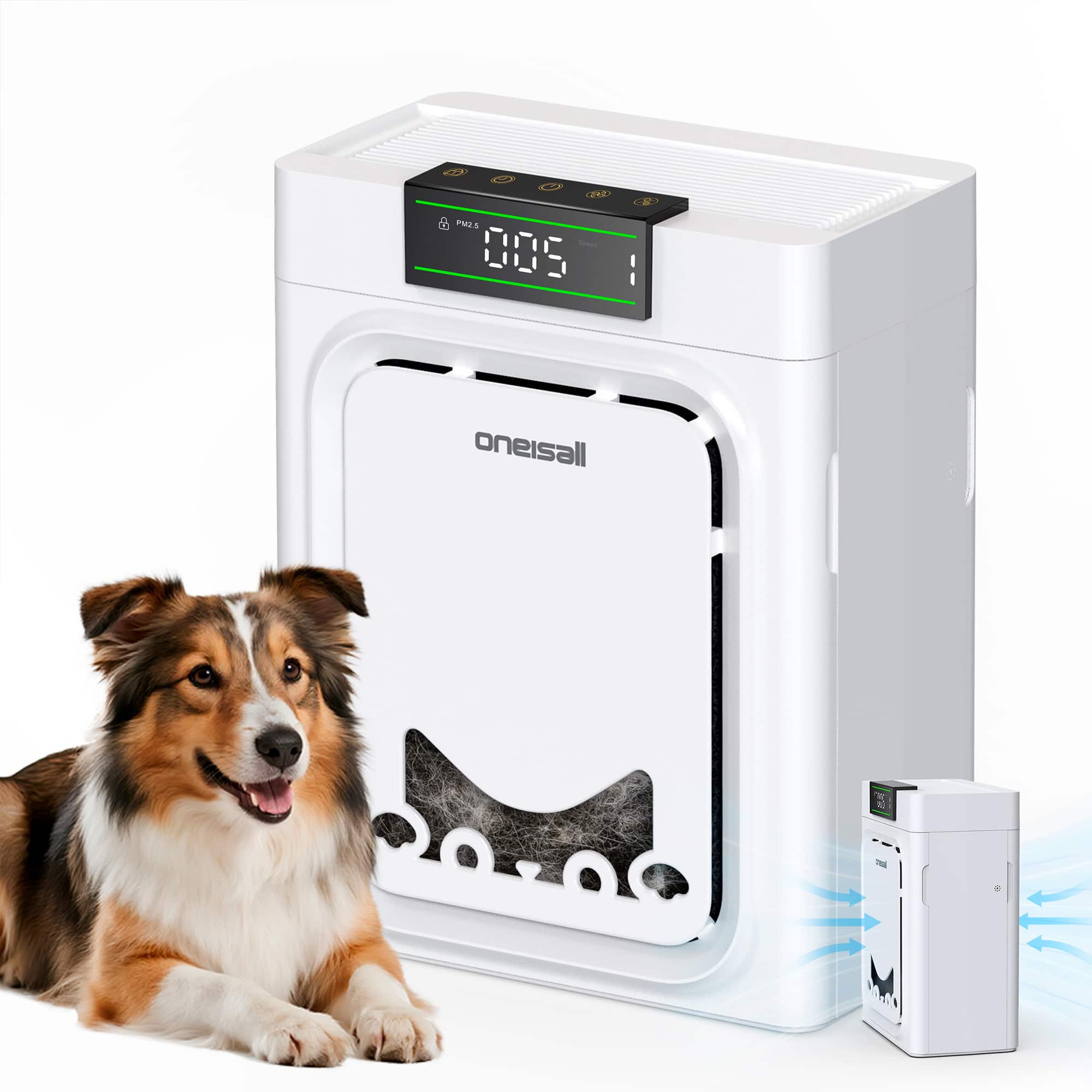Oneisall - HEPA Air Purifier For Pet Home Washable Double Side Filter 4 Speed Fan Shut Timmer Air Quality Monitor For 2200Ft² Room - White
