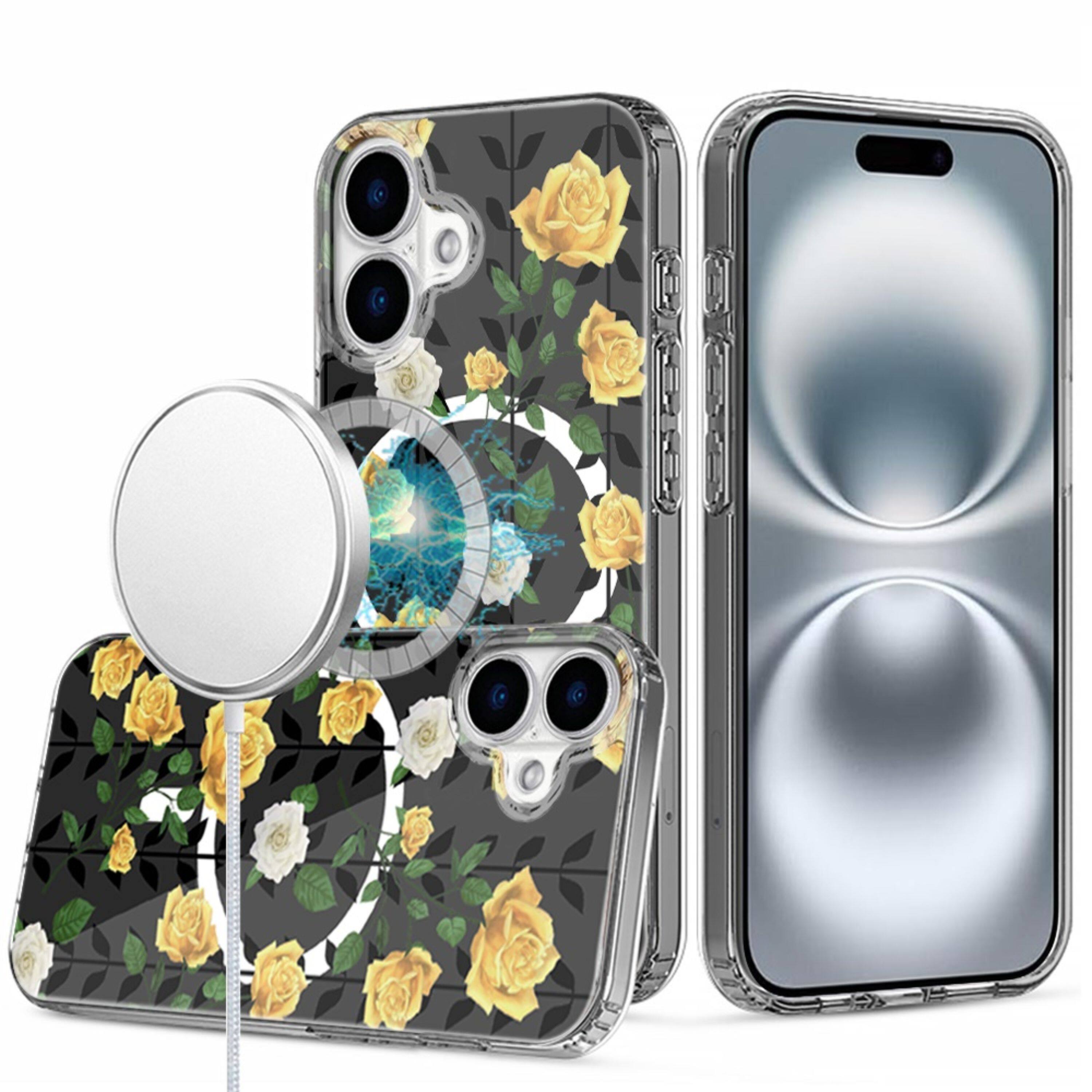 Front. Kitcheniva - Floral Print Magnetic Circle Clear Case With Tempered Glass For iPhone 16 H - Multicolor.