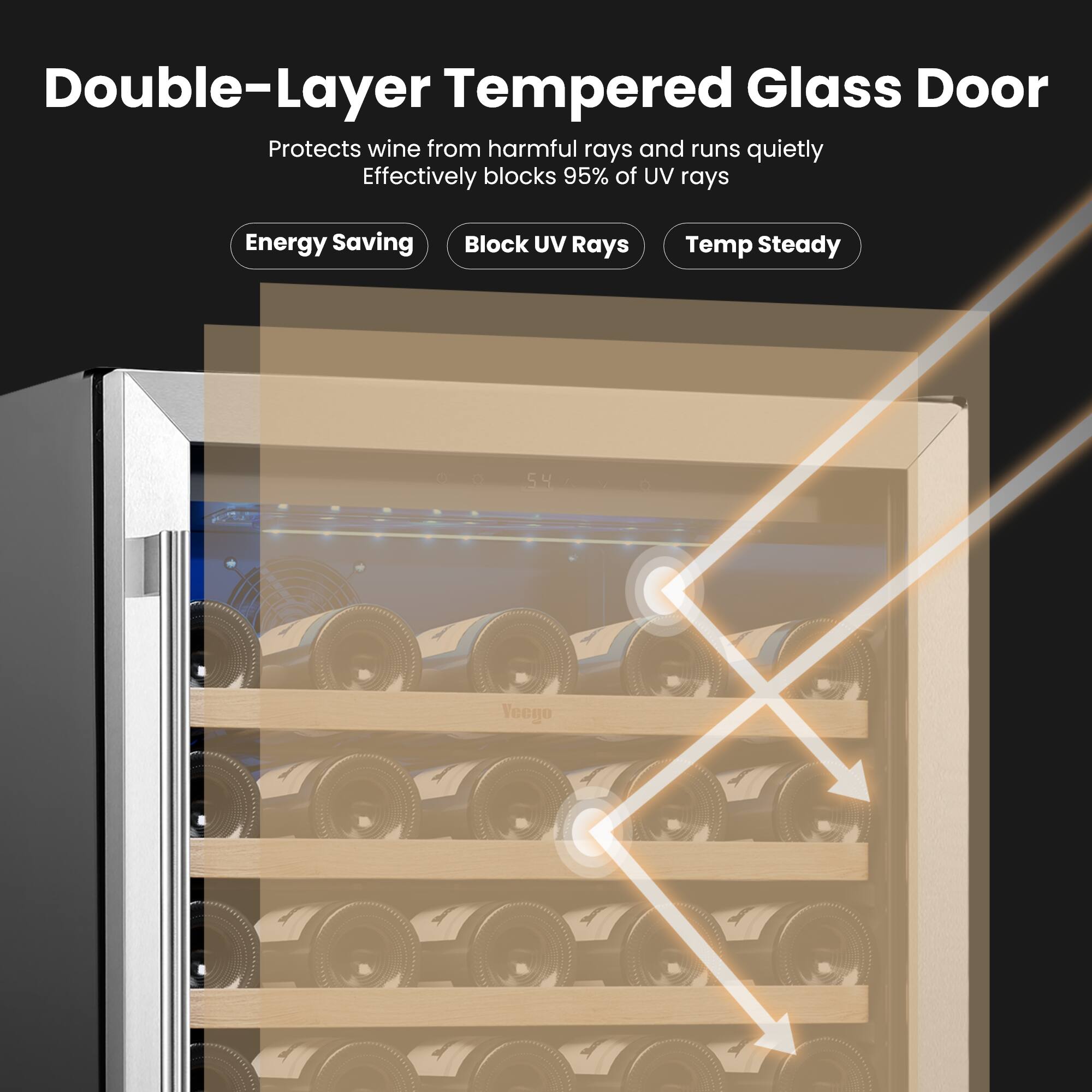 Double-Layer Tempered Glass Door  
Protects wine from harmful rays and runs quietly  
Effectively blocks 95% of UV rays  

Energy Saving  
Block UV Rays  
Temp Steady  

54  
Veego