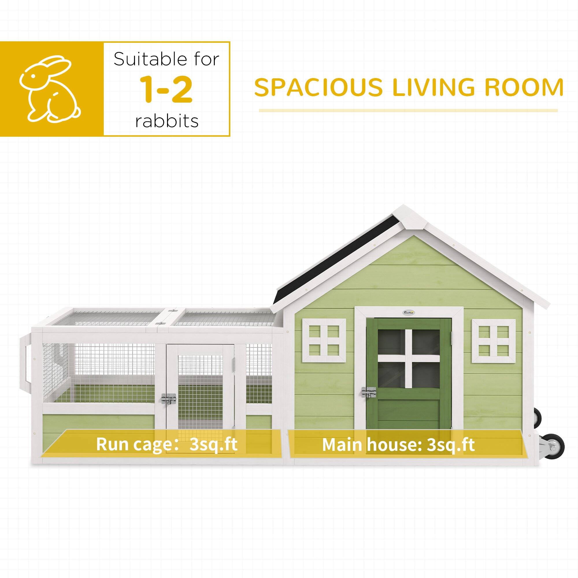 Suitable for 1-2 rabbits  
SPACIOUS LIVING ROOM  
Run cage: 3 sq.ft  
Main house: 3 sq.ft