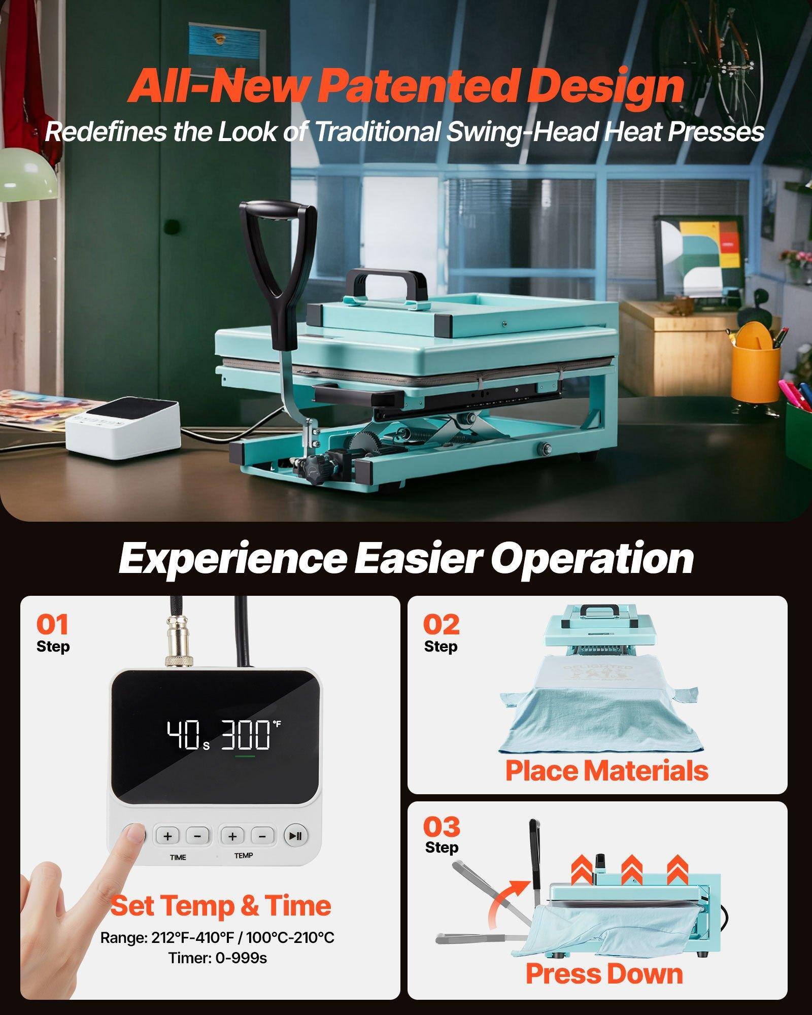All-New Patented Design  
Redefines the Look of Traditional Swing-Head Heat Presses  

Experience Easier Operation  

01 Step  
Set Temp & Time  
Range: 212°F-410°F / 100°C-210°C  
Timer: 0-999s  

02 Step  
Place Materials  

03 Step  
Press Down