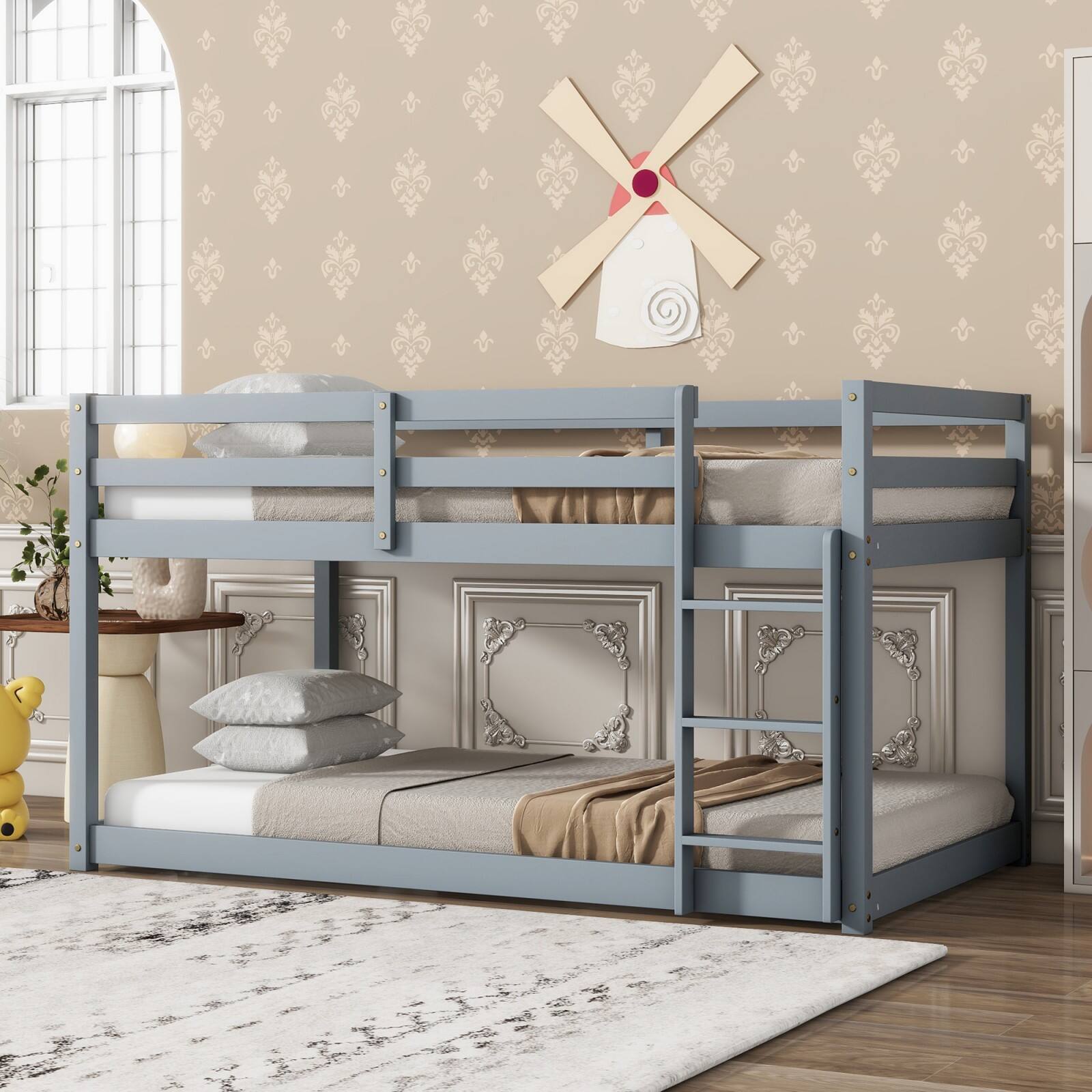 Alt View 3. Ecooso - Solid Wooden, Solid Rubber Wooden Twin over Twin Floor Bunk Bed with Ladder, with Bed Platform of Strengthened Slats - Grey.