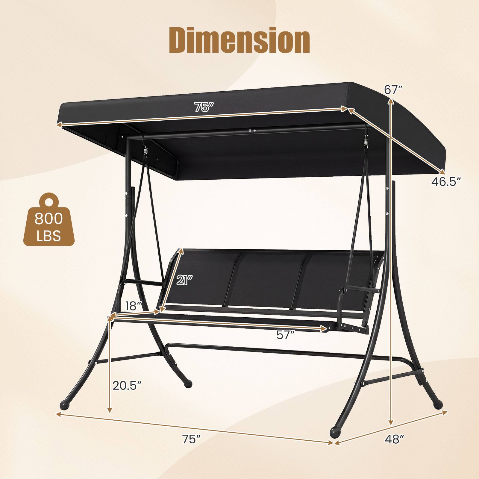 Dimension  
75" x 67" x 46.5"  
800 LBS  
21" x 18" x 57"  
20.5" x 75" x 48"