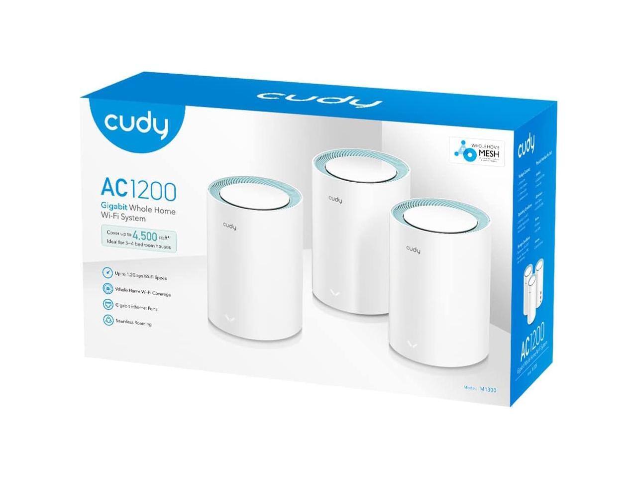cudy AC1200 Gigabit Whole Home Wi-Fi System  
Cover up to 4,500 sq ft  
Ideal for 3-4 bedroom houses  

- Up to 1.2Gbps Wi-Fi Speed  
- Whole Home Wi-Fi Coverage  
- Giga Ethernet Ports  
- Seamless Roaming  

MESH  
Mode: COEIN  

Model: M1300