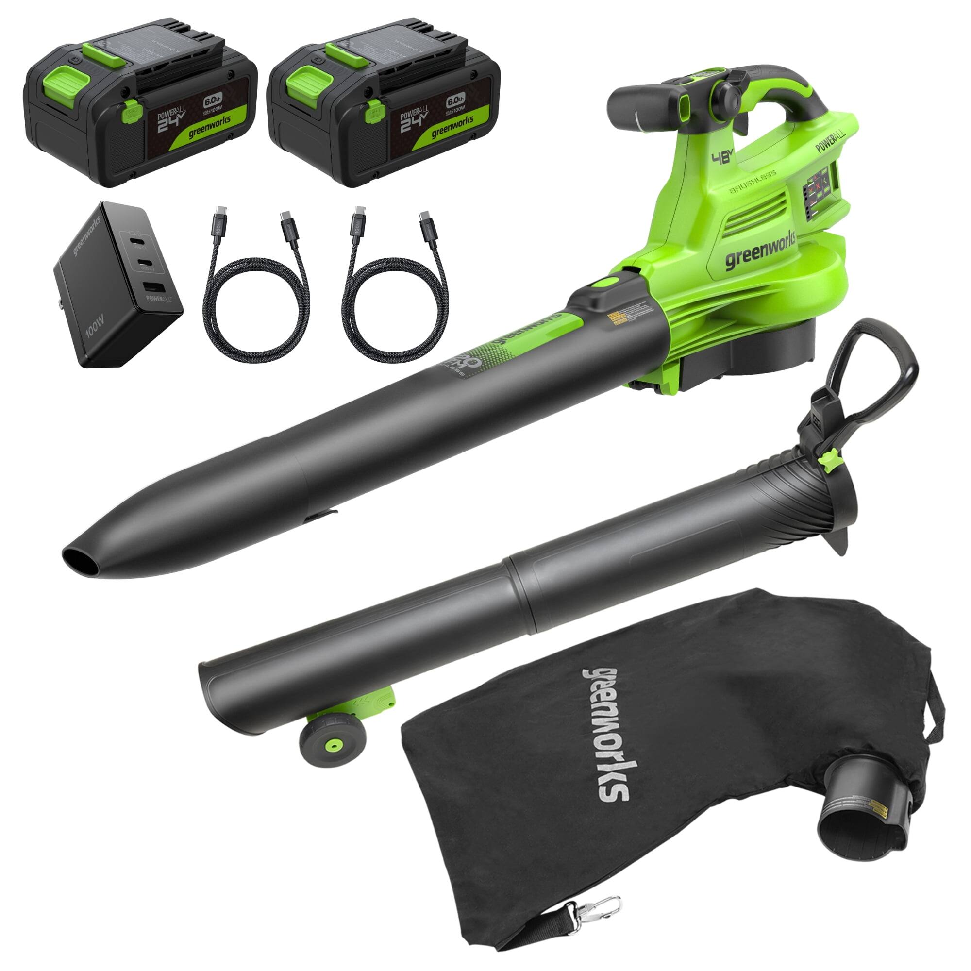 Greenworks - 48V (24V x 2) 3-in-1 Brushless Blower Vacuum Mulcher, (2) 6.0Ah Batteries and 100W Fast Charger - Green