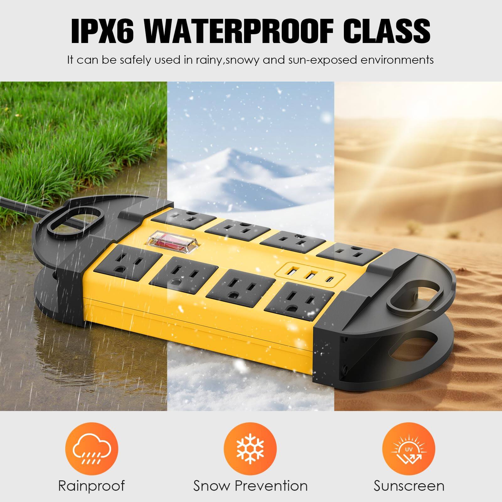 IPX6 WATERPROOF CLASS  
It can be safely used in rainy, snowy and sun-exposed environments  

- Rainproof  
- Snow Prevention  
- Sunscreen