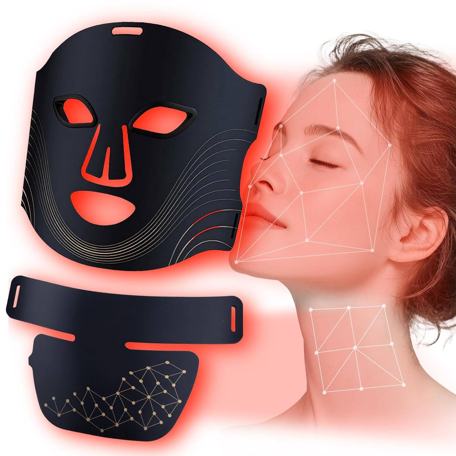 Morfone - 660-850nm Wavelength Facial Mask + Neck Protector Red Light Therapy Beauty Device. 60+44 Light Beads