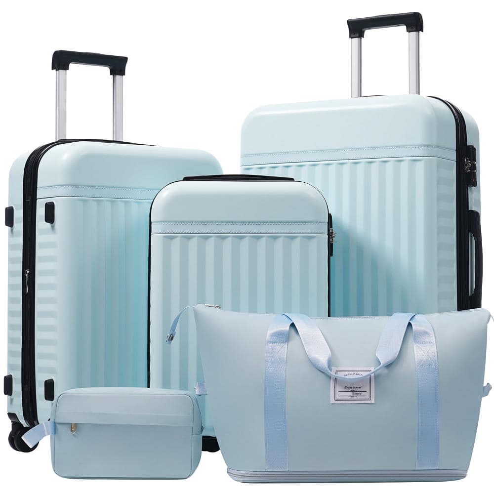 BreeBe - Luggage Set 5 Piece, Hardside Carry on Suitcase , Expandable Luggage with Travel Bags Spinner Wheels TSA Lock - Light Blue