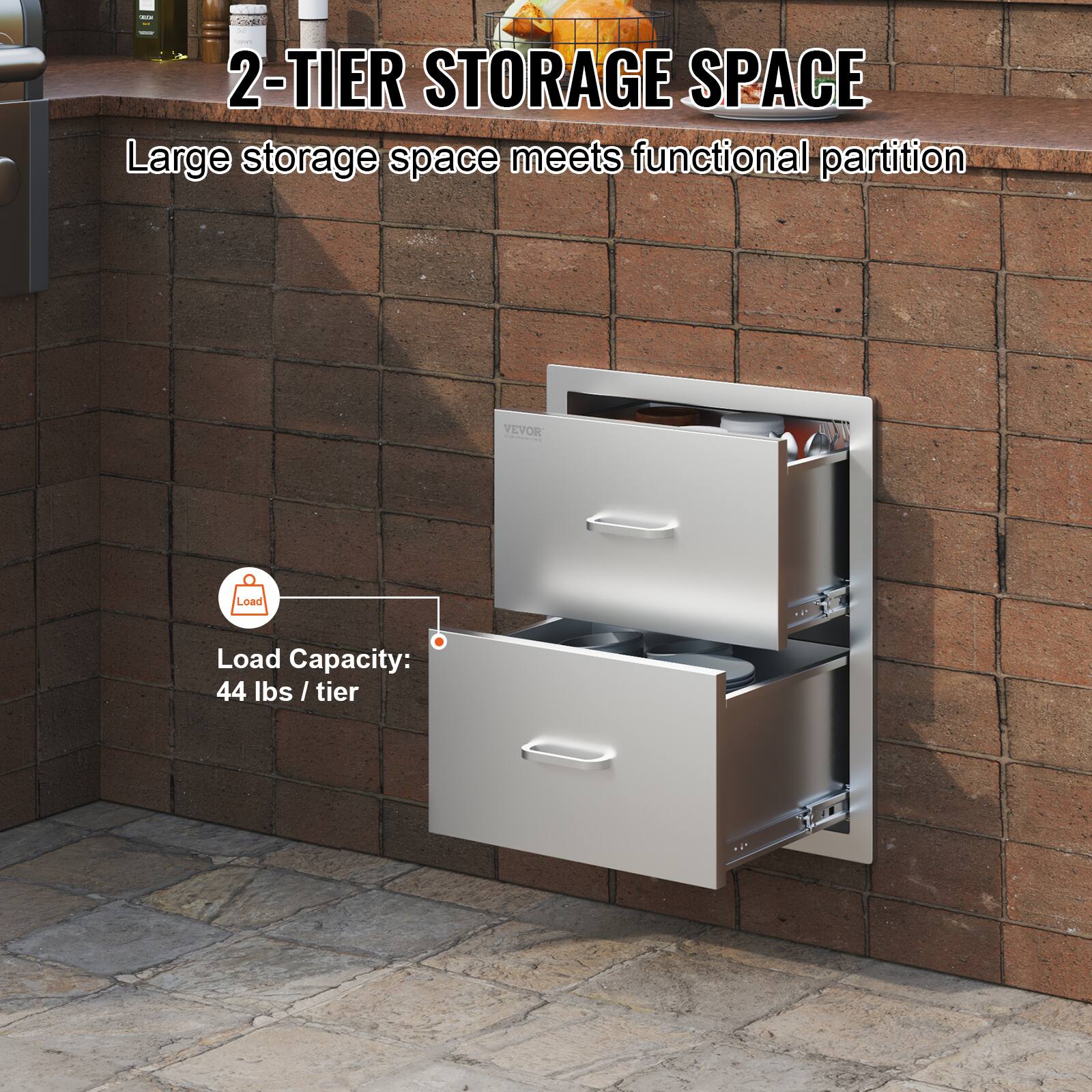 2-TIER STORAGE SPACE  
Large storage space meets functional partition  

Load Capacity:  
44 lbs / tier