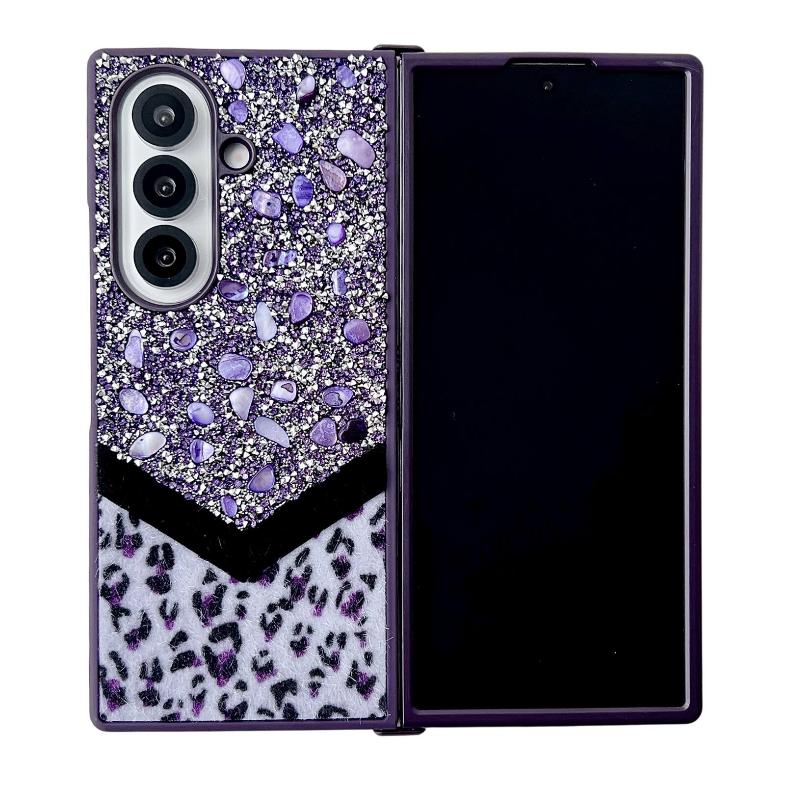 Back. Dteck - Shockproof Phone Case for Samsung Galaxy Z Fold7 with Beaded Wrist Strap, Glitter Rhinestone Hard PC Protective Cover - Purple.