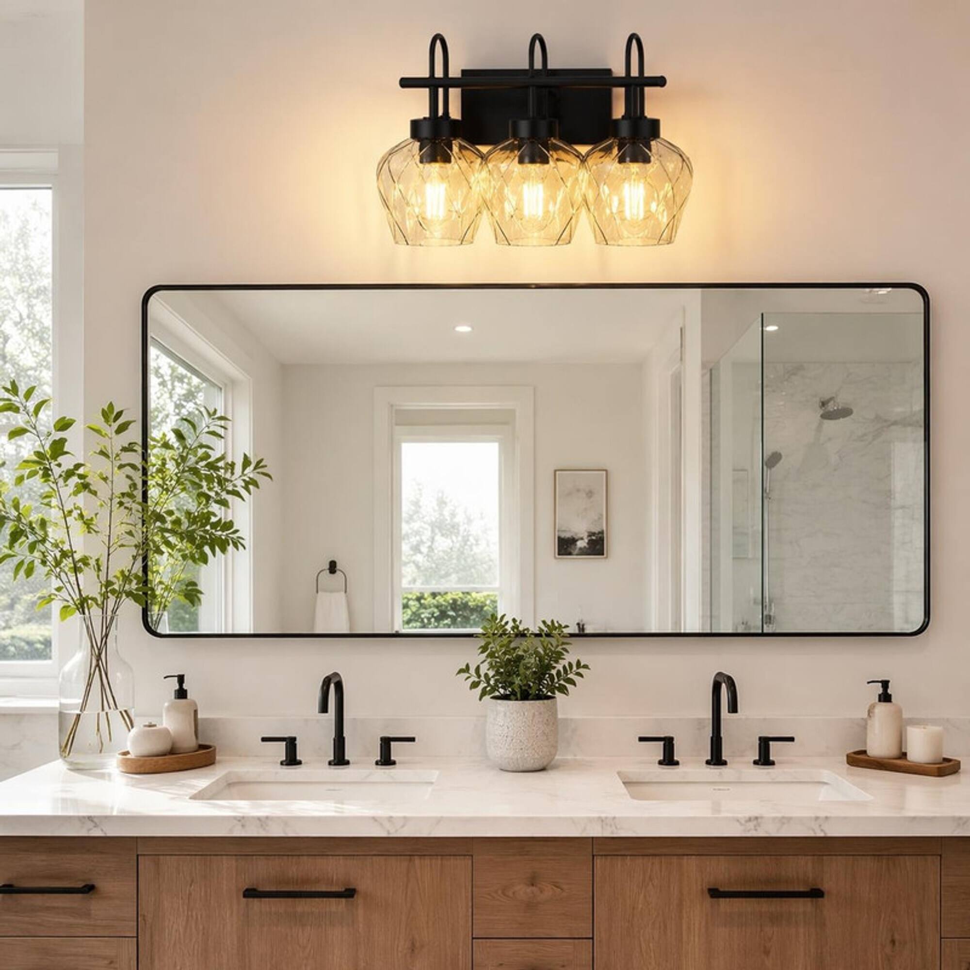 Left. RYHNUYNE - Black 3‑Light Bathroom Vanity Light,Wall Sconce with Clear Glass Shade for Bathroom - Black.