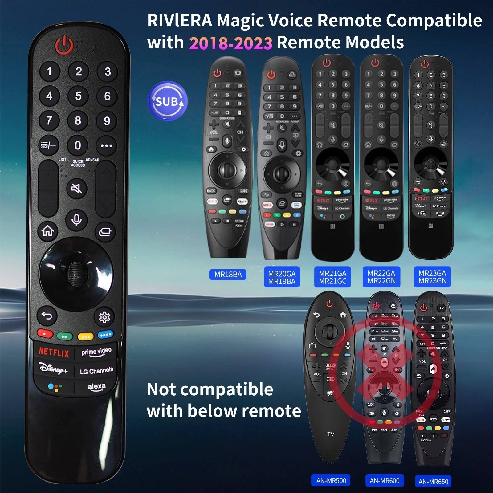 RIVIERA Magic Voice Remote Compatible with 2018-2023 Remote Models

SUB - 4 7 LA VCL a 5 e D M L a E e E CH O 1 a 7 u 2 5  o 1 a 3 1 4 7 - 2 5 1 6 o  1 1 9 O 1 4 3 A 2 5 8  a 6 J 6 7 C 1 4 5  A 2 5 8 0 y &  5 5 O LIST QUACK AO/SAP ACCESS BAC -C SETR SINE a 0 - MR18BA MR20GA MR19BA MR21GA MR21GC MR22GA MR22GN MR23GA MR23GN TV - I .... NETFLIX prime video Disnep+ LG Channels alexa 500 VOL EID Not compatible with below remote CH  d Se - - 4 LN .  4 F VTS . s TV - tom -- AN-MR500 AN-MR600 AN-MR650