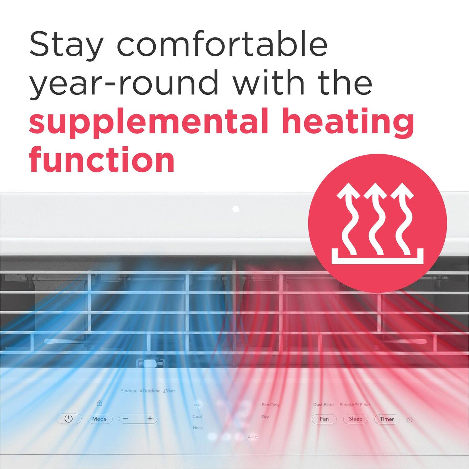Stay comfortable year-round with the supplemental heating function

Findoor Outdoor Vent Eto Fa Only DUB Filoer PureA Fhe Mode I + Cool Heal Cry Fan Sleep Timer ALto