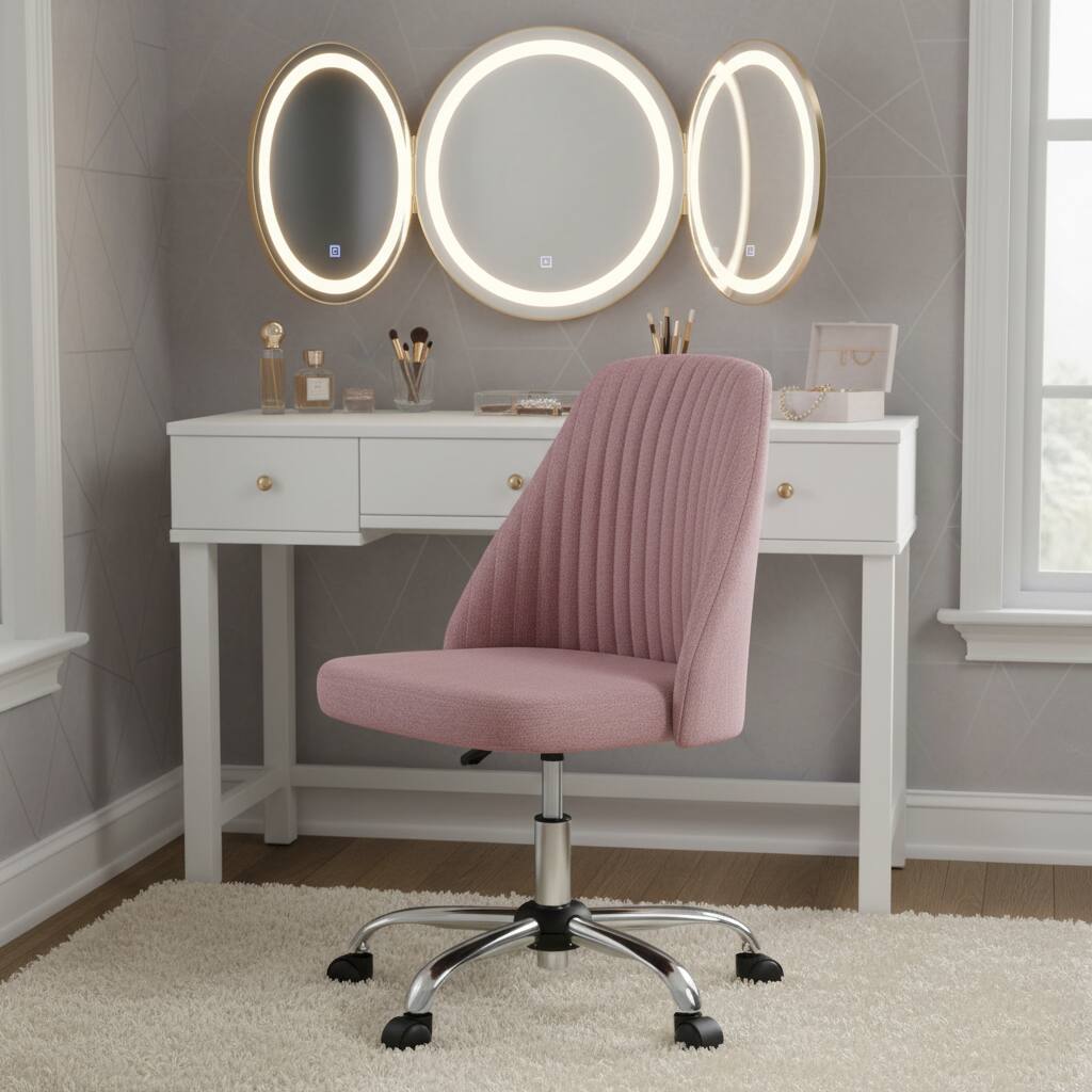 Alt View 5. AOITUN - Home Office Chair, Mid Back Armless Fabric Upholstered Desk Chair with Wheels Adjustable Swivel Vanity Chair, Pink - Pink.
