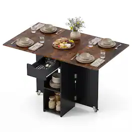 Gymax - Folding Dining Table w/2 Open Shelves & Drawer 2 Lockable Universal Wheels Industrial & Black - Brown