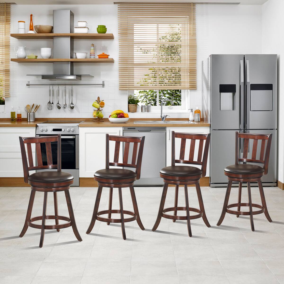 Alt View 3. Costway - Costway Set of 4 25" Swivel Bar stool Leather Padded Dining Kitchen Pub Bistro Chair - Nut-brown.