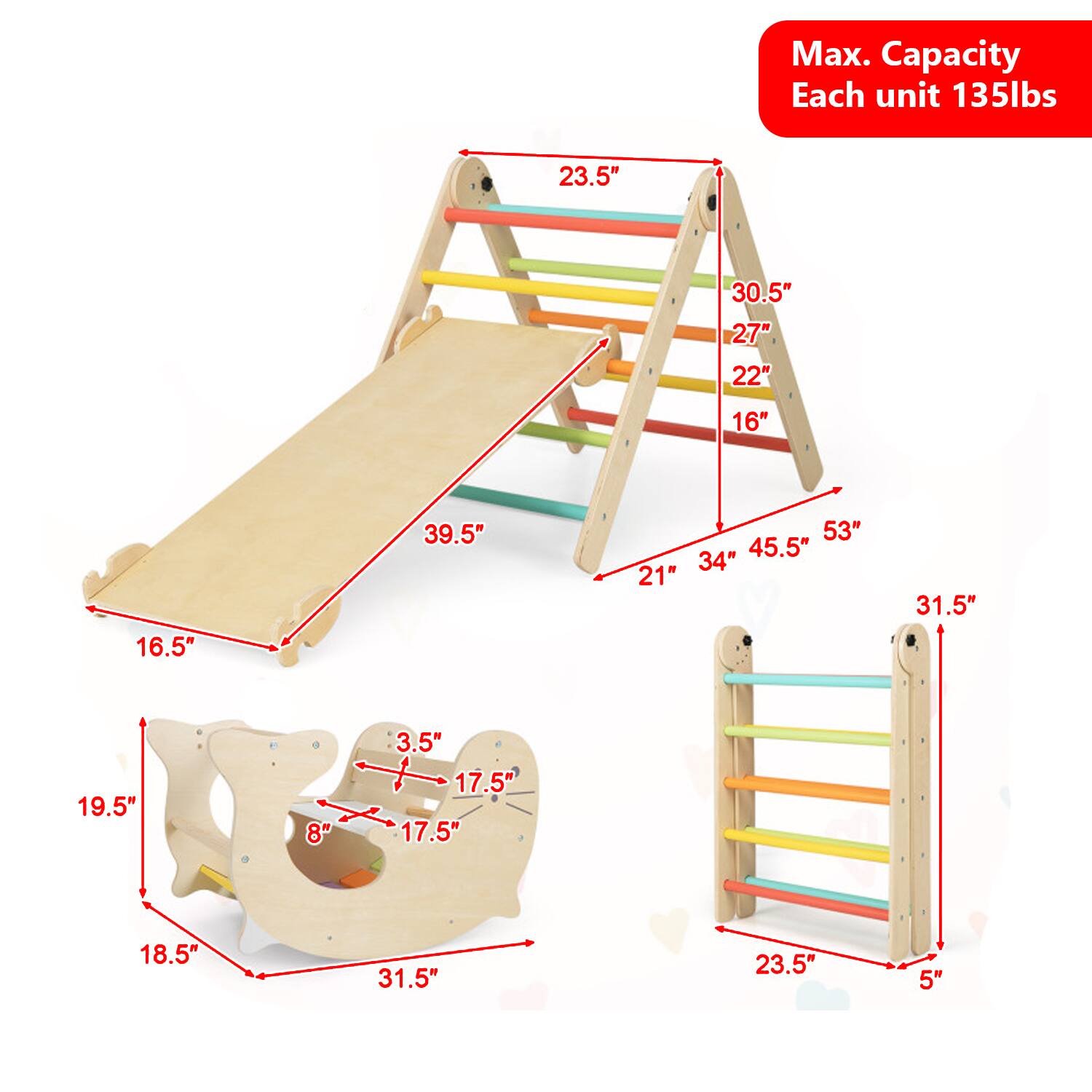 Max. Capacity Each unit 135lbs

23.5"  
30.5"  
27"  
22"  
16"  
16.5"  
39.5"  
53"  
45.5"  
34"  
21"  
31.5"  
19.5"  
8"  
3.5"  
17.5"  
17.5"  
18.5"  
31.5"  
23.5"  
5"