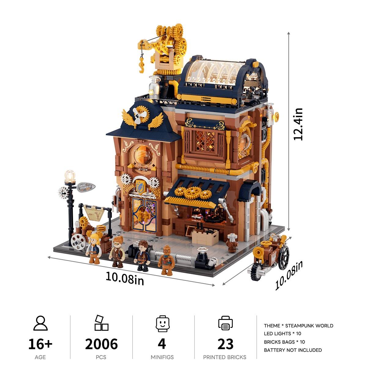 12.4in  
SMW CADERST  
10.08in  
10.08in  
THEME: STEAMPUNK WORLD  
16+ AGE  
2006 PCS  
4 MINIFIGS  
23 PRINTED BRICKS  
LED LIGHTS * 10  
BRICKS BAGS * 10  
BATTERY NOT INCLUDED