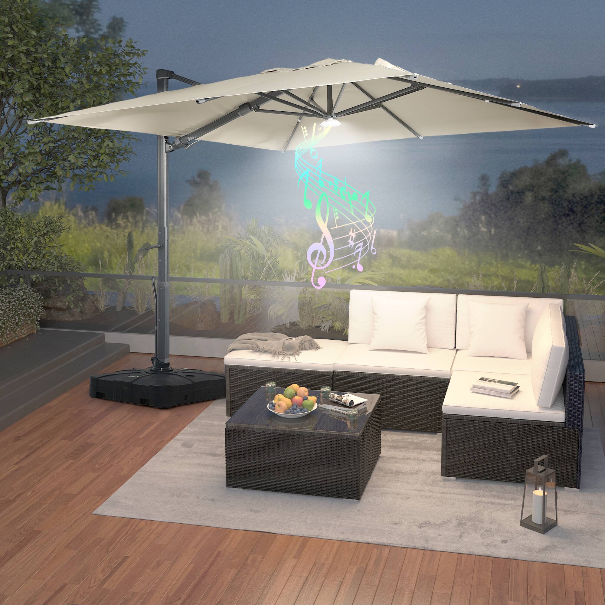 Back. Mondawe - 10*10ft Large Patio Cantilever Umbrella with Bluetooth Speaker and Base - Tan.