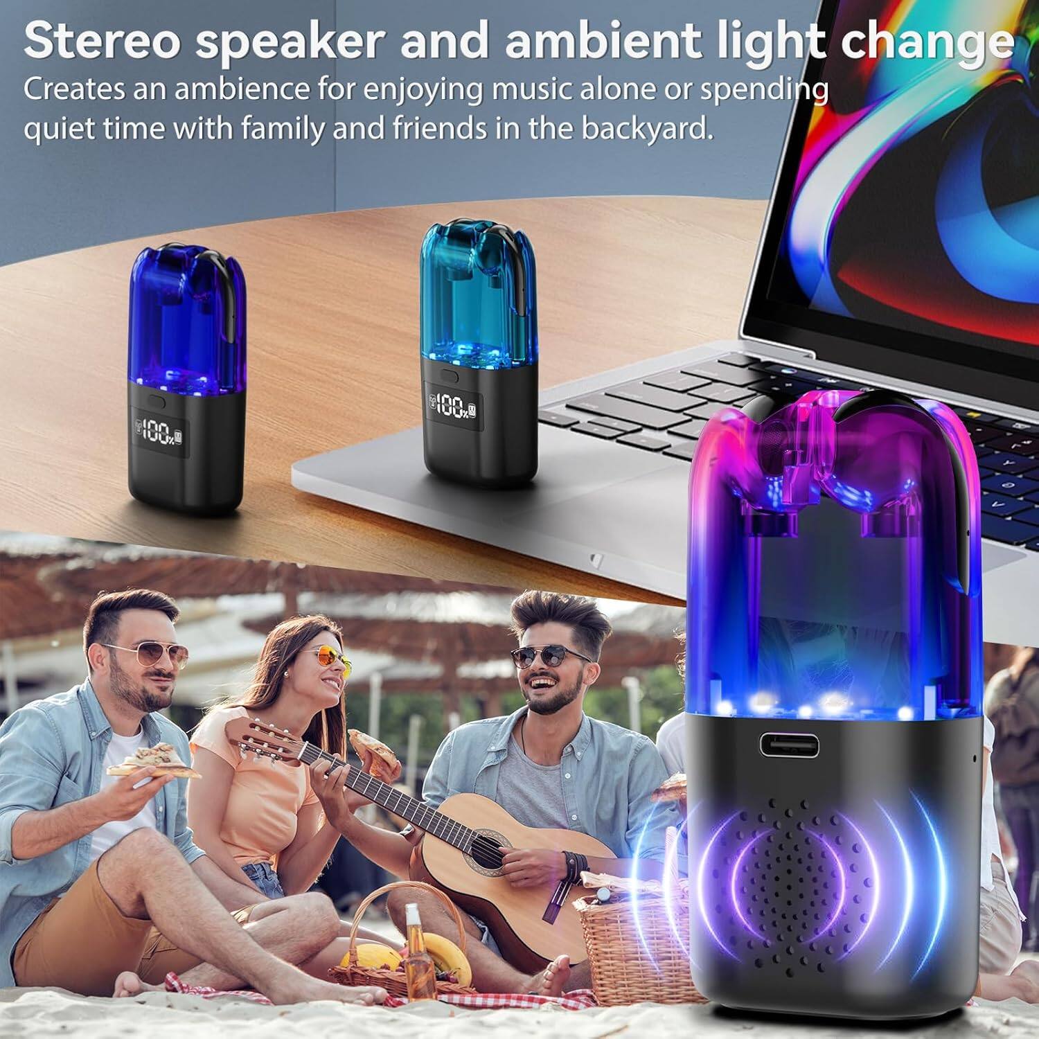 Stereo speaker and ambient light change  
Creates an ambiance for enjoying music alone or spending quiet time with family and friends in the backyard.