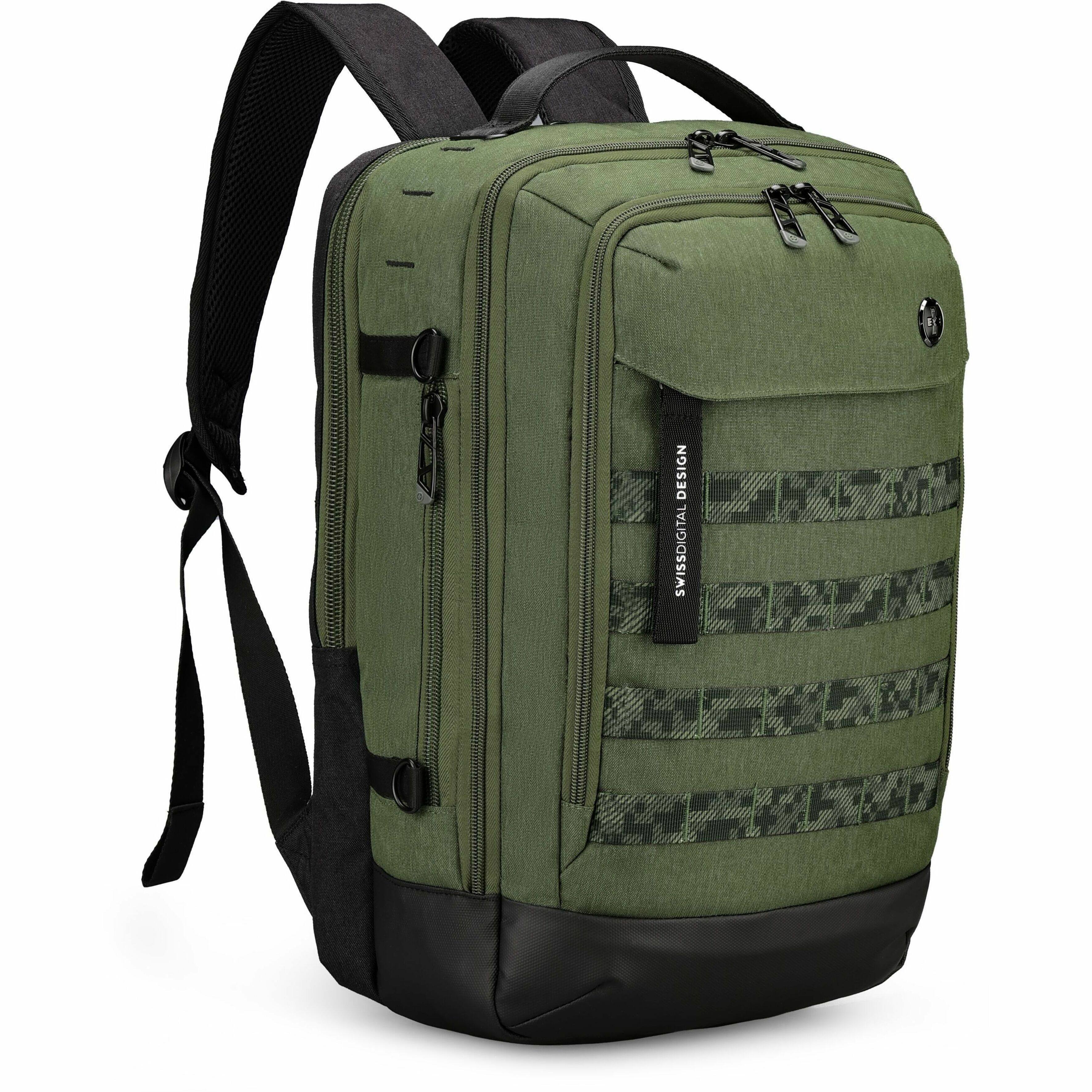 The image features a green backpack with a black strap. The backpack is designed by Swiss Digital and has a camouflage pattern. The backpack is empty and is displayed against a white background.