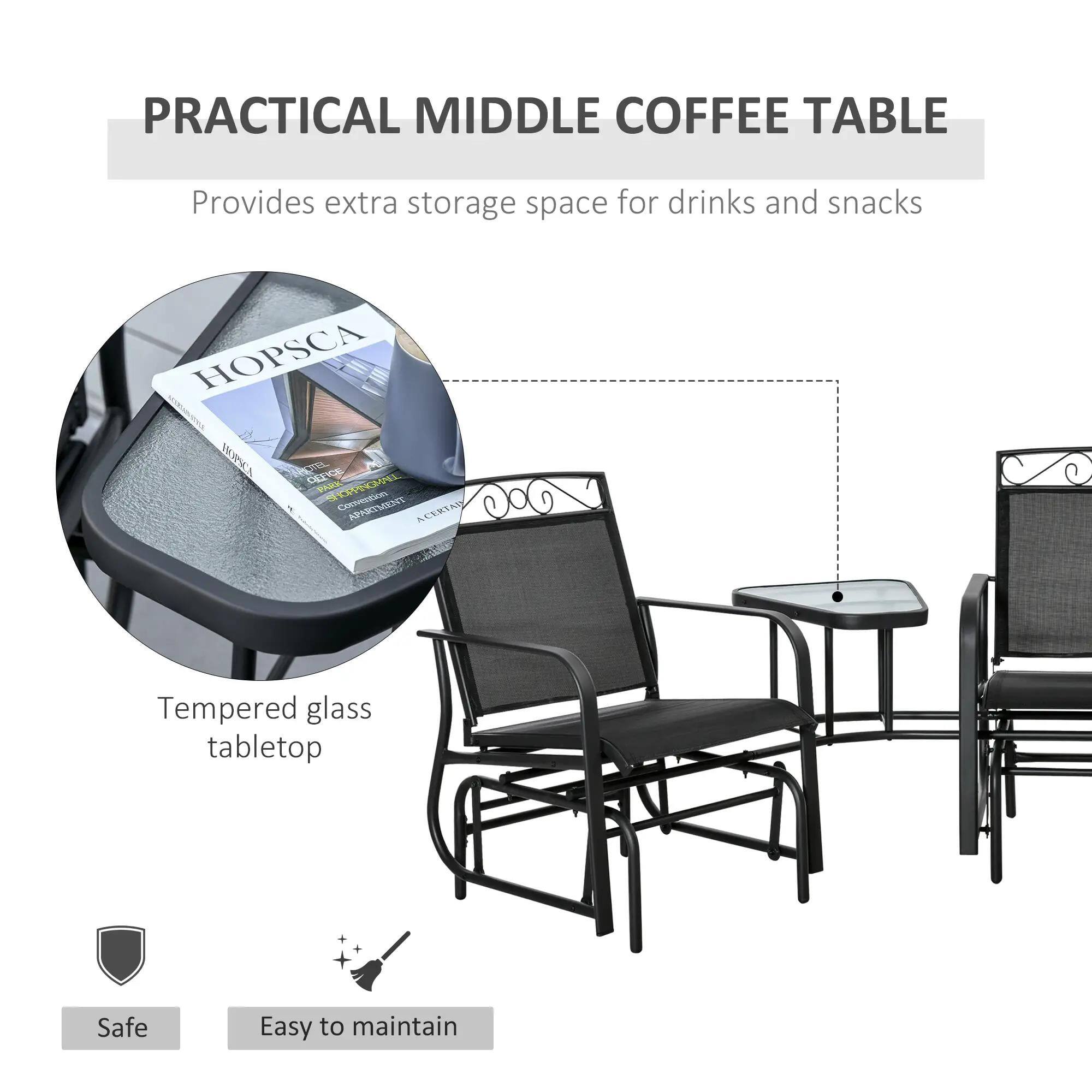 PRACTICAL MIDDLE COFFEE TABLE  
Provides extra storage space for drinks and snacks  

Tempered glass tabletop  

Safe  
Easy to maintain