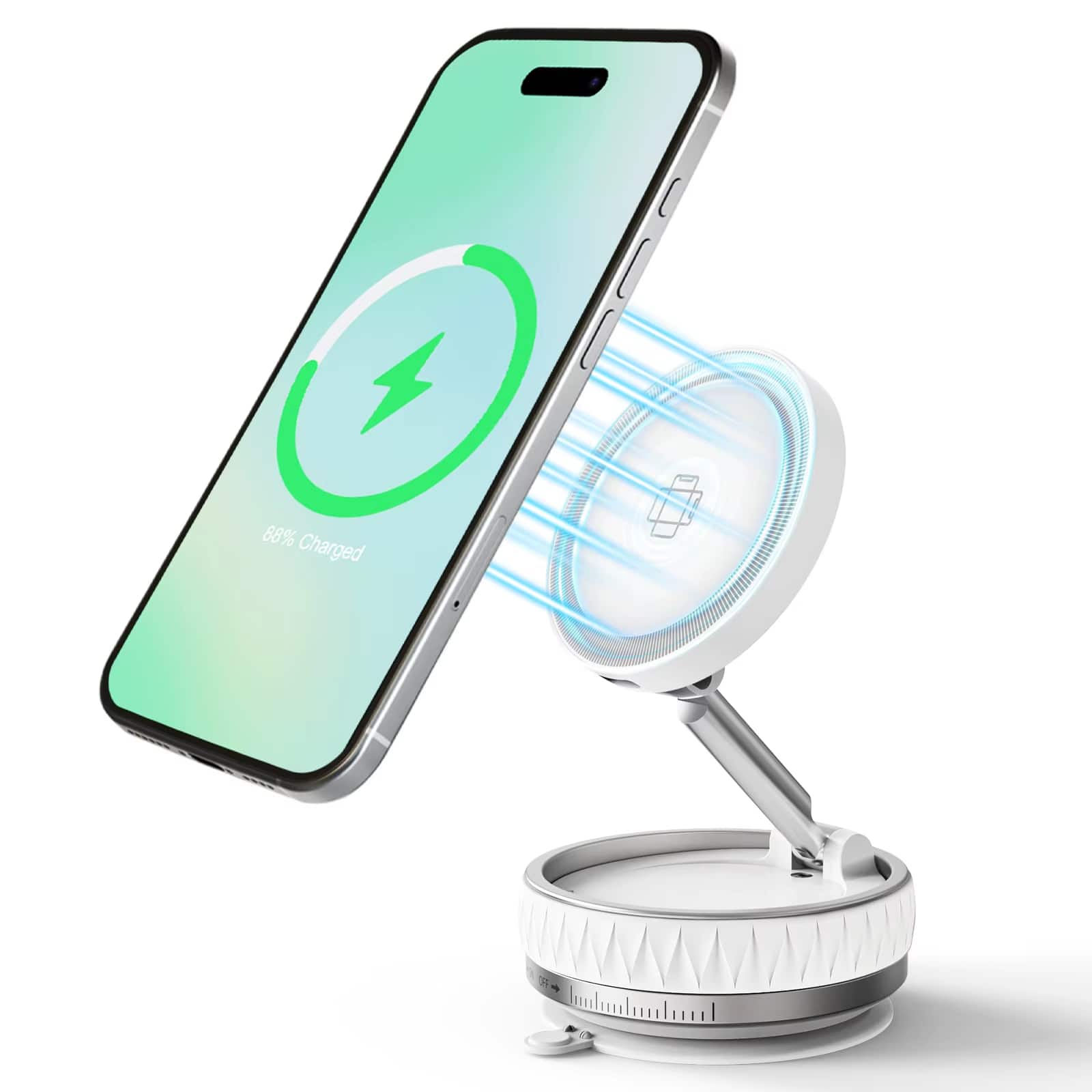 Luckbyte - 15W Vacuum Magnetic Wireless Car Charger & Phone Holder, N55 Strong Suction Fast Charging Station, 360° Rotatable Mount - White Color