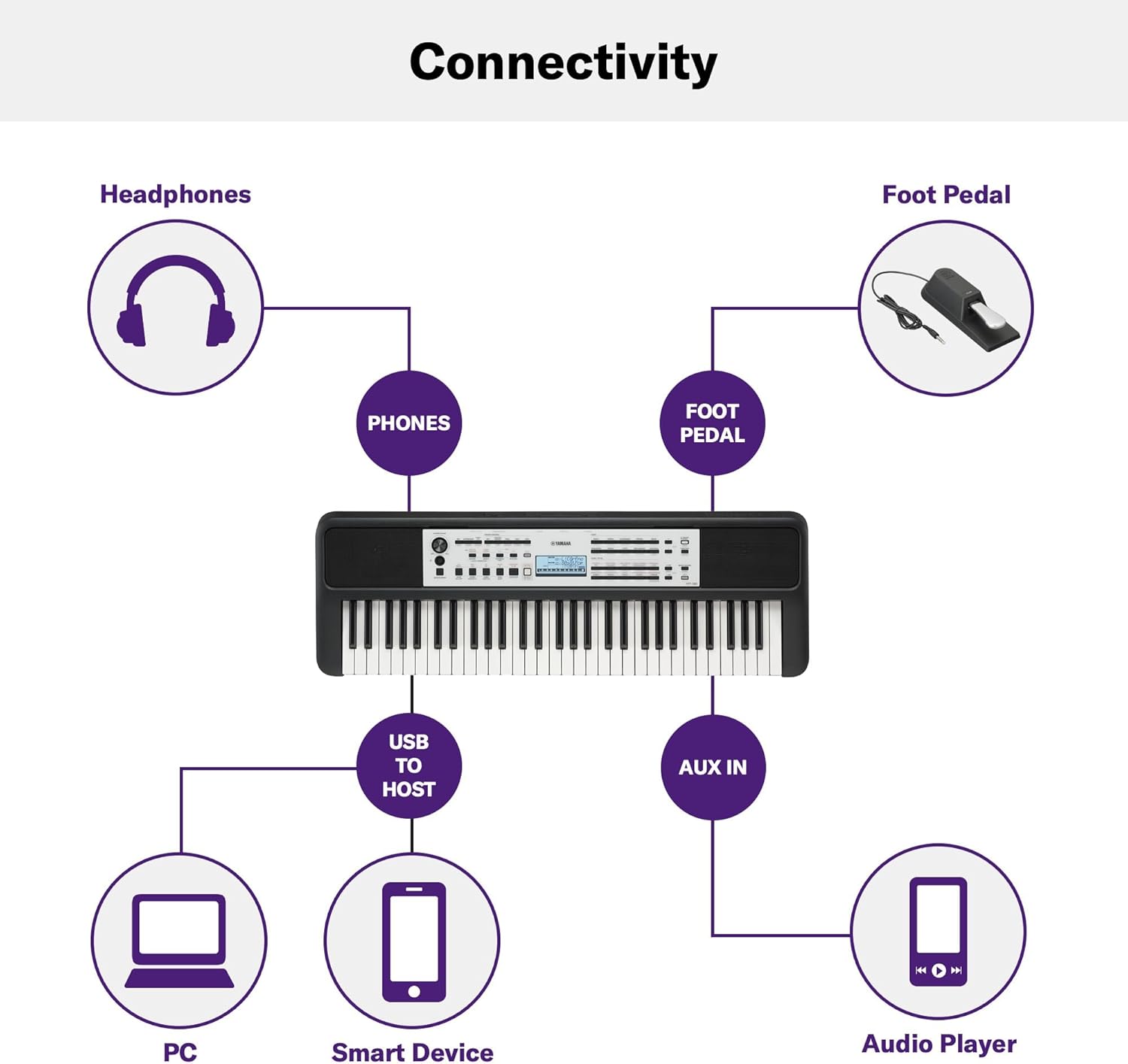 Connectivity

- Headphones
  - PHONES

- Foot Pedal
  - FOOT PEDAL

- USB TO HOST
  - PC
  - Smart Device

- AUX IN
  - Audio Player