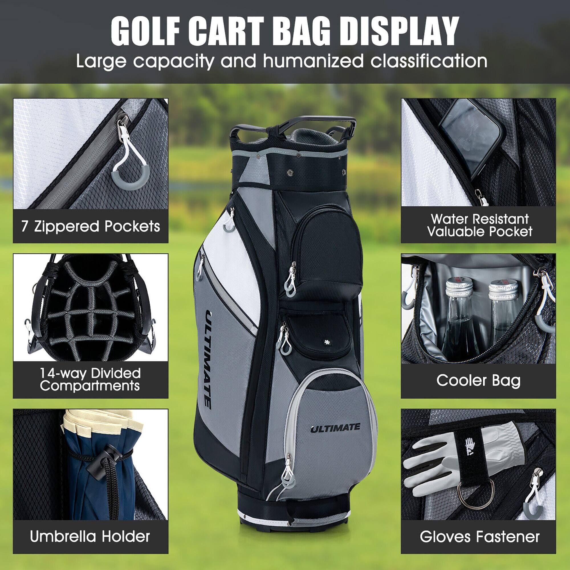 GOLF CART BAG DISPLAY  
Large capacity and humanized classification  

- 7 Zippered Pockets  
- 14-way Divided Compartments  
- Water Resistant Valuable Pocket  
- Cooler Bag  
- Umbrella Holder  
- Gloves Fastener