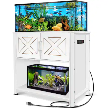 Front. HOMLUX - 40 Gallon Tank Stand with Cabinet and Power Outlets, Heavy Duty Metal Aquarium Stand, White - White.
