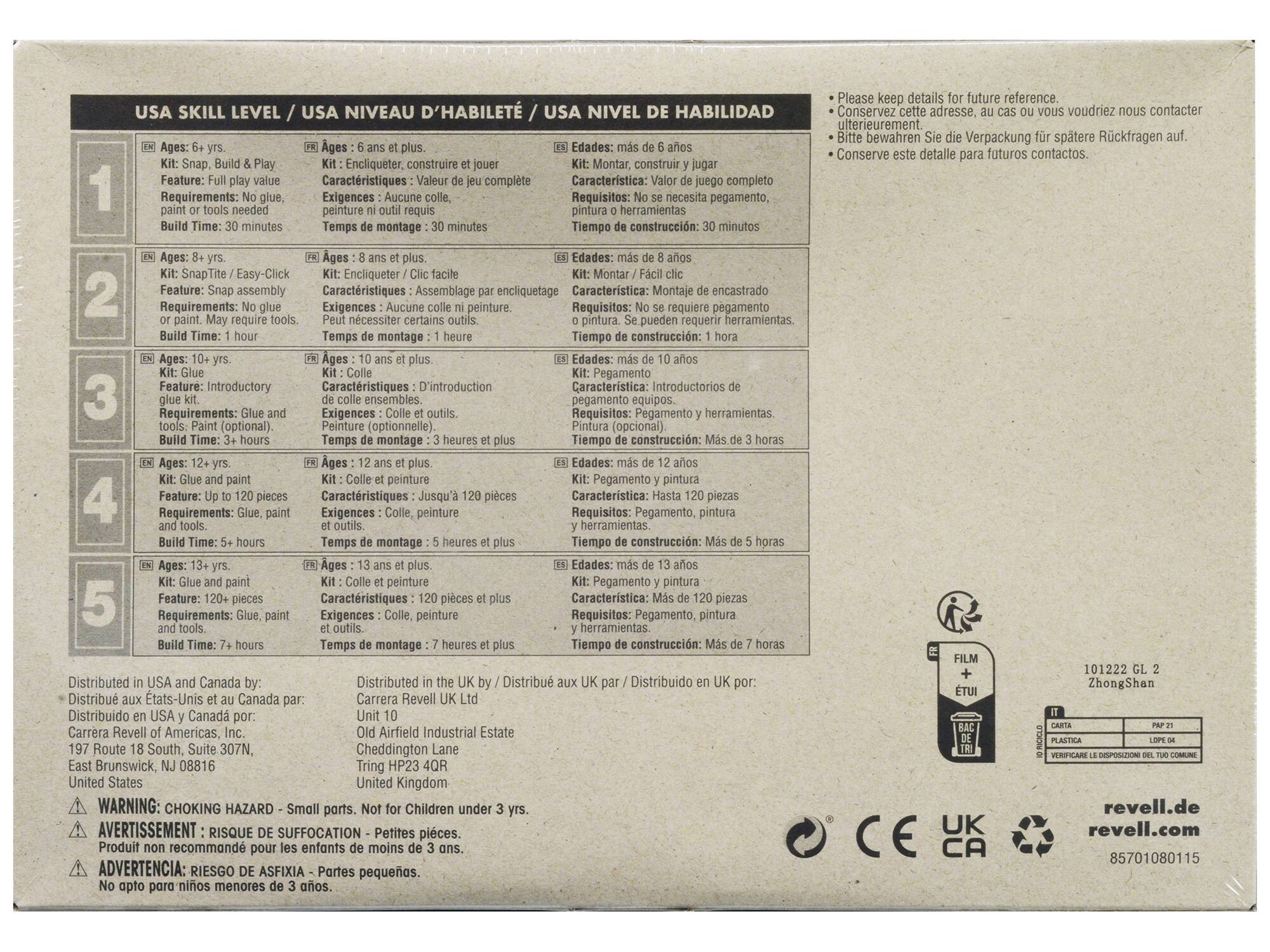 **USA SKILL LEVEL / USA NIVEAU D'HABILITÉ / USA NIVEL DE HABILIDAD**

1. **Ages: 6+ yrs**  
   - **Kit:** Snap, Build & Play  
   - **Feature:** Full play value  
   - **Requirements:** No glue, paint or tools needed  
   - **Build Time:** 30 minutes  

2. **Ages: 8+ yrs**  
   - **Kit:** SnapTite / Easy-Click  
   - **Feature:** Snap assembly  
   - **Requirements:** No glue or paint. May require tools.  
   - **Build Time:** 1 hour  

3. **Ages: 10+ yrs**  
   - **Kit:** Glue & Paint  
   - **Feature:** Introductory  
   - **Requirements:** Glue and paint kit. Tools: Paint (optional).  
   - **Build Time:** 3+ hours  

4. **Ages: 12+ yrs**  
   - **Kit:** Glue and paint  
   - **Feature:** Up to 120 pieces  
   - **Requirements:** Glue, paint and tools.  
   - **Build Time:**