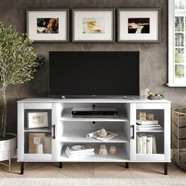 ChaletPosh - Rustic Farmhouse TV Console with Clear Acrylic Doors and Sleek Black Handles - White