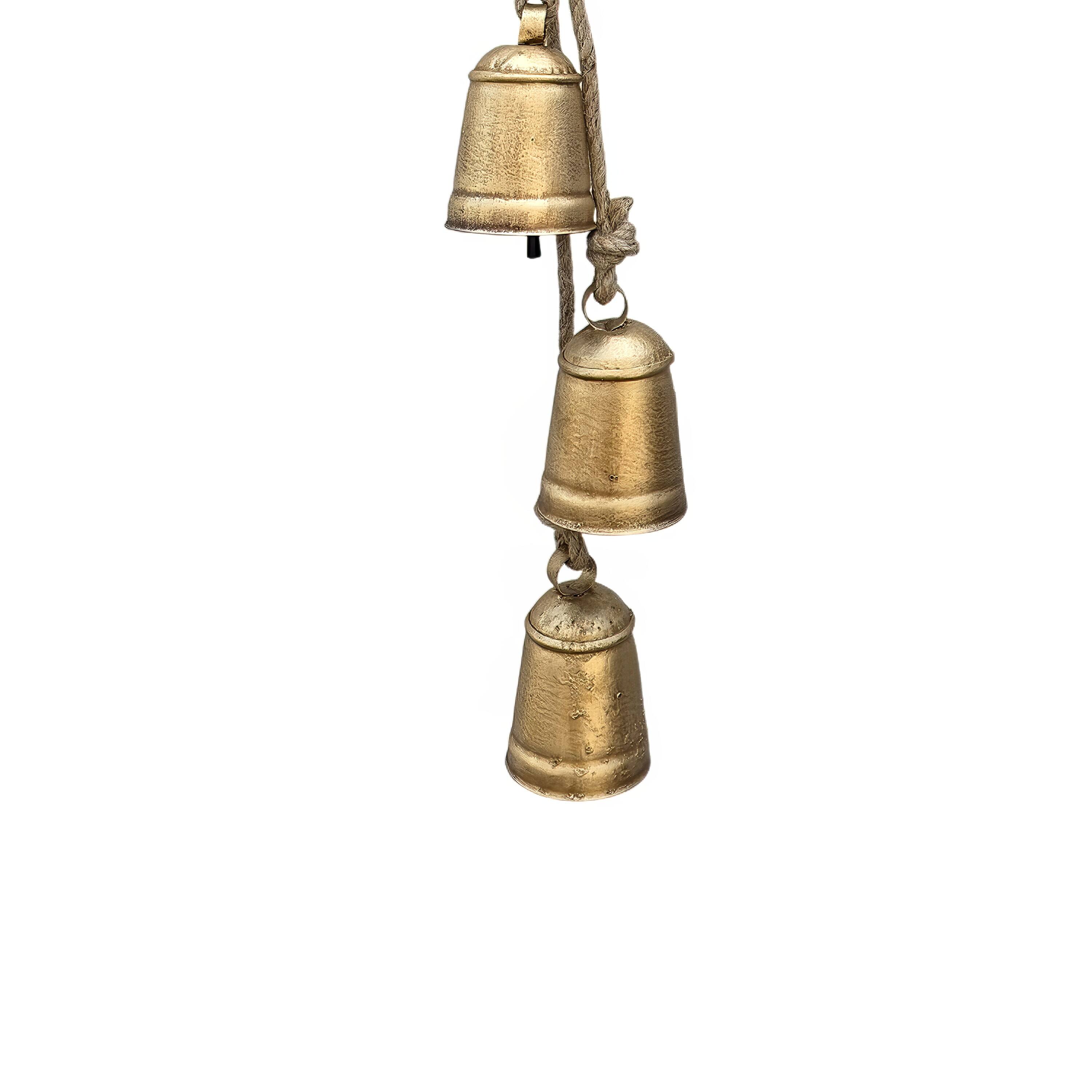 Left. Manhattan Lane - Zema Rustic Iron Hanging Bells Wall Decor, Cylindrical Cowbell on 28 Inch Jute Rope - Gold.
