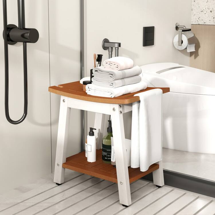 Left. SlickBlue - Bathroom Shower Bench with Handle and Convenient Shower Head Slot - Brown, White.
