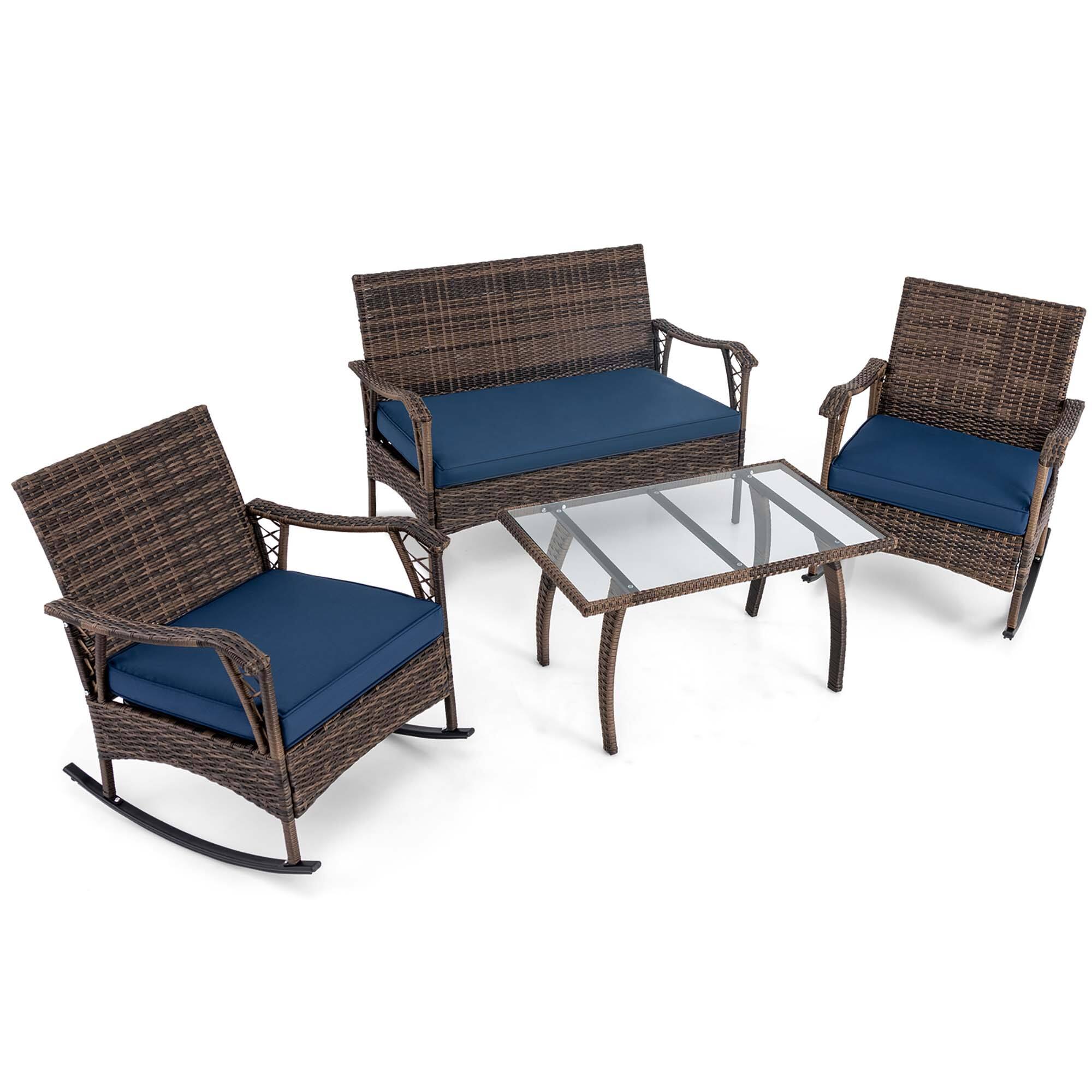 Alt View 9. Gymax - Gymax Set of 4 Wicker Rocking Set w/ Loveseat & Coffee Table Heavy-Duty Metal Frame Navy - Mix Brown, Navy.